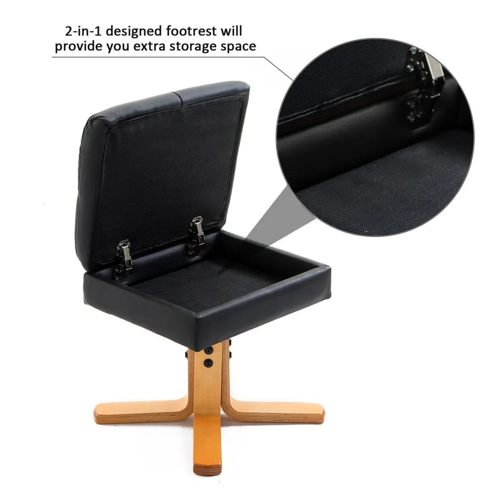 Black Leather Recliner with Wooden Base Swivel Chair and Ottoman Footrest with Storage