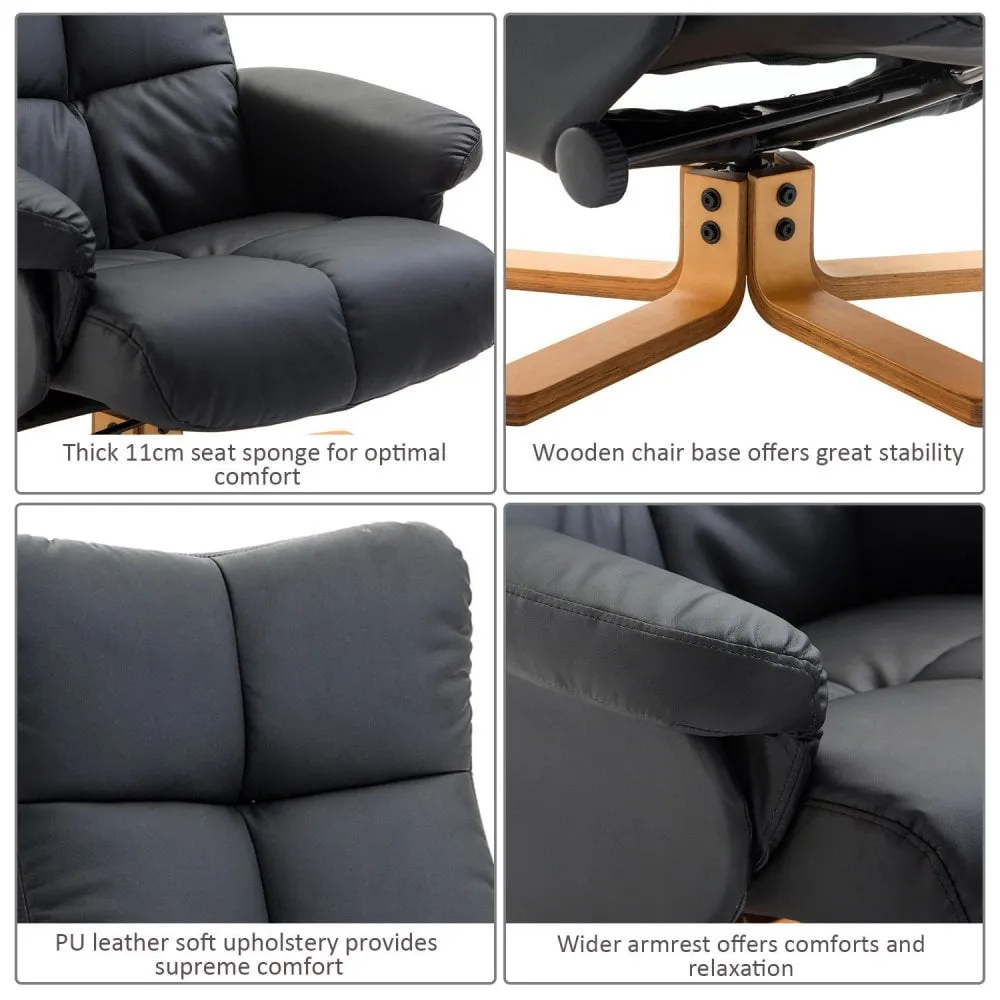 Black Leather Recliner with Wooden Base Swivel Chair and Ottoman Footrest with Storage