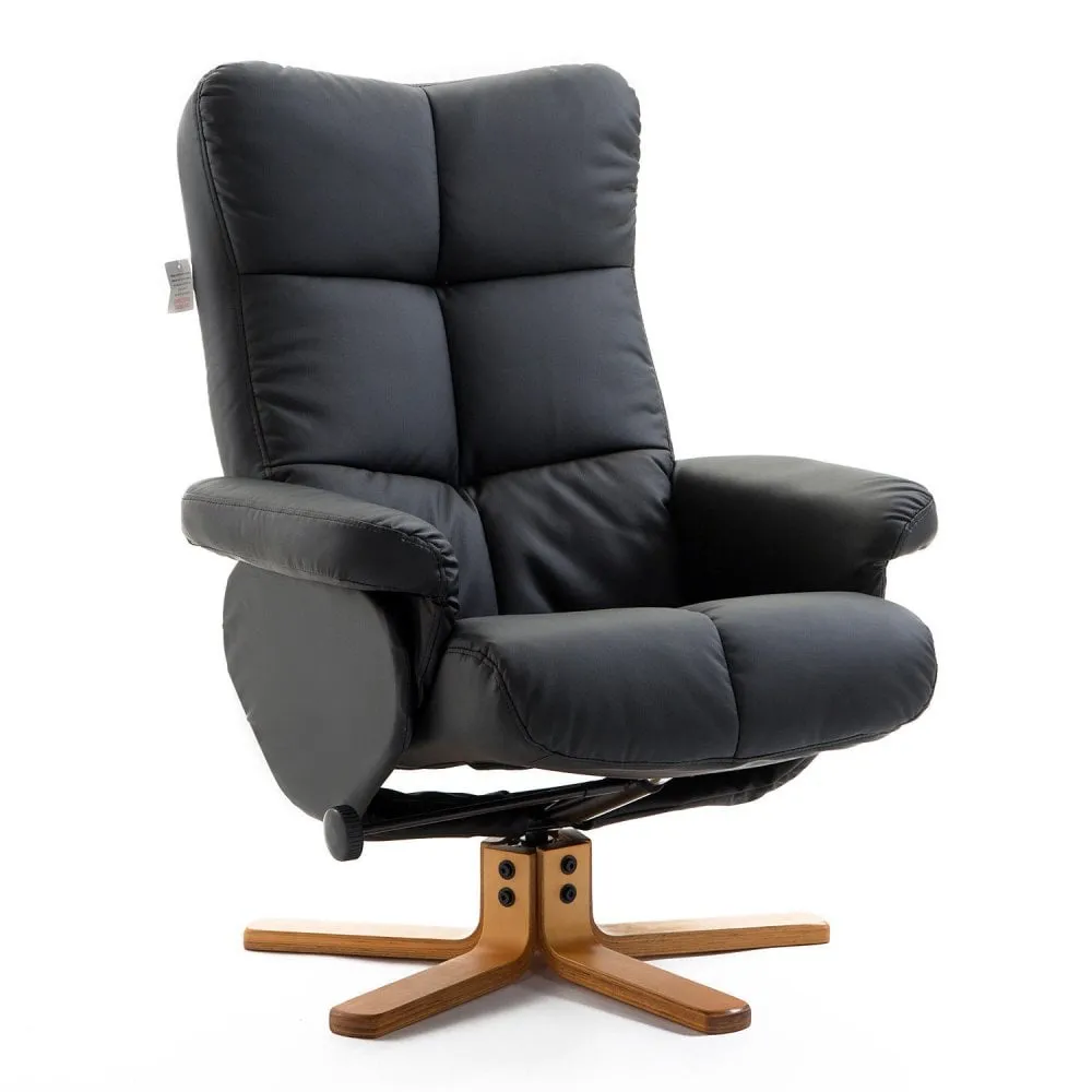 Black Leather Recliner with Wooden Base Swivel Chair and Ottoman Footrest with Storage