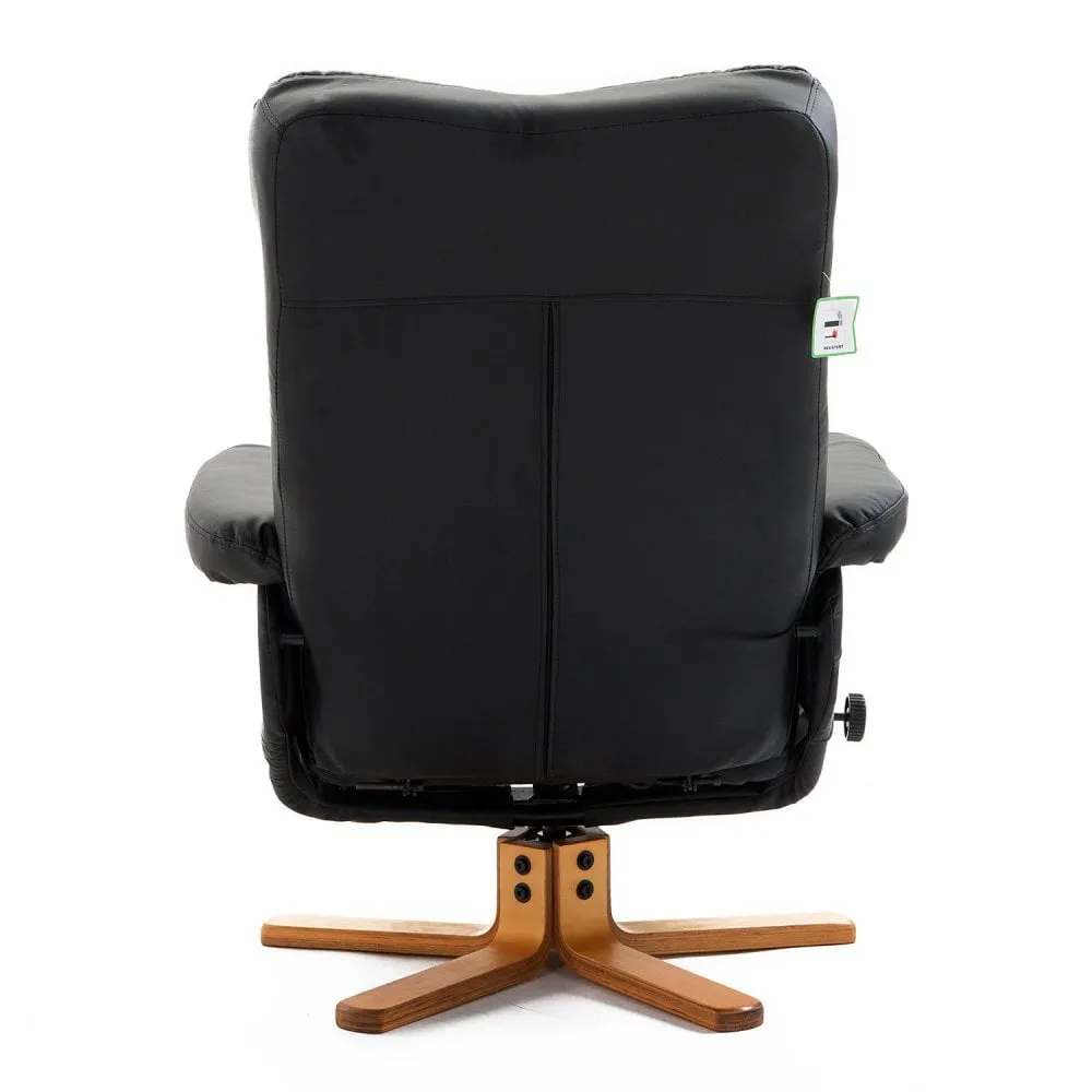 Black Leather Recliner with Wooden Base Swivel Chair and Ottoman Footrest with Storage