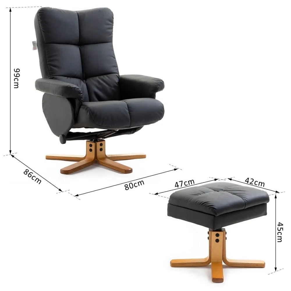 Black Leather Recliner with Wooden Base Swivel Chair and Ottoman Footrest with Storage