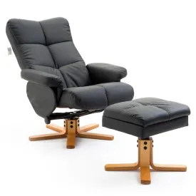 Black Leather Recliner with Wooden Base Swivel Chair and Ottoman Footrest with Storage