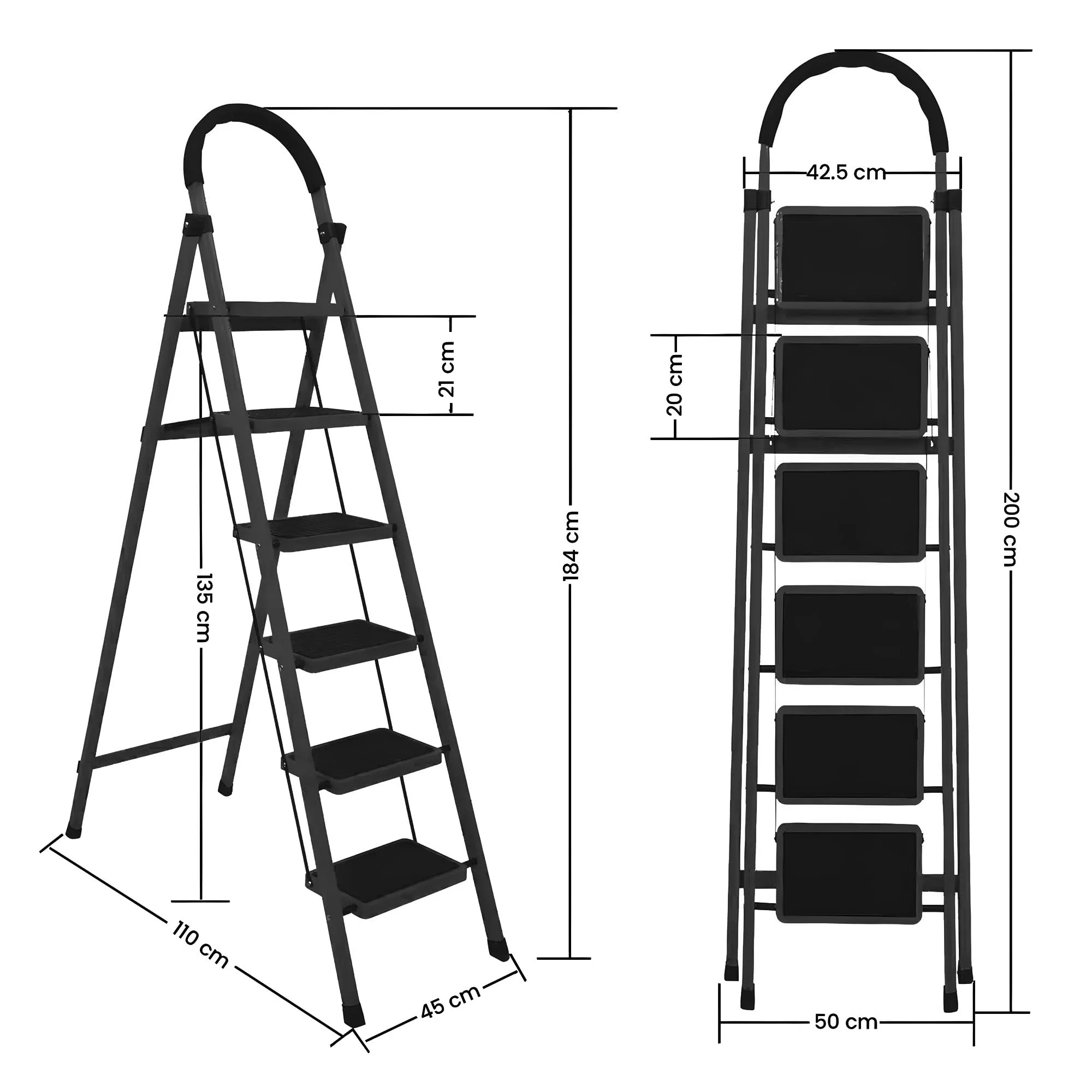 Cheston GI Steel Foldable 6-Step Ladder for Home - Black | Load Capacity - 150 Kg | Wide Anti Slip Rubber Grip | Compact | Stairs for Home Use | Step Ladder for Home Use