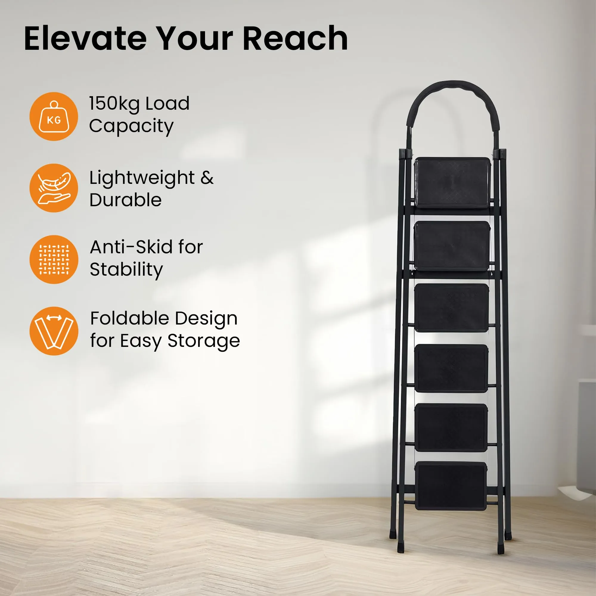 Cheston GI Steel Foldable 6-Step Ladder for Home - Black | Load Capacity - 150 Kg | Wide Anti Slip Rubber Grip | Compact | Stairs for Home Use | Step Ladder for Home Use