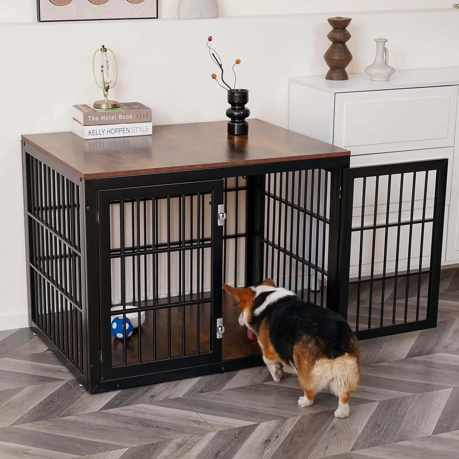 Citylife Heavy Duty Dog Crate Furniture for Large and Medium Dogs, Dog Kennel Indoor Furniture, Indestructible Metal Crate with Double-Doors, Dog Crate End Table, Chew-Resistant, 38 Inch