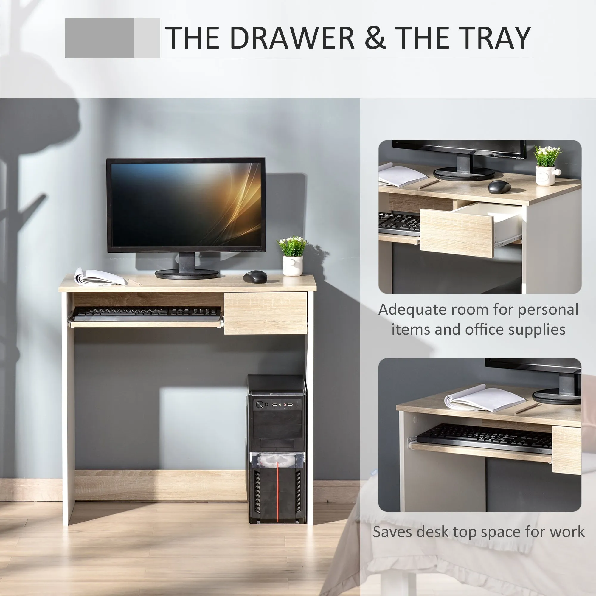 Compact Small Computer PC Table with Keyboard Tray Drawer Study Office Working Gaming Writing Desk Oak Colour