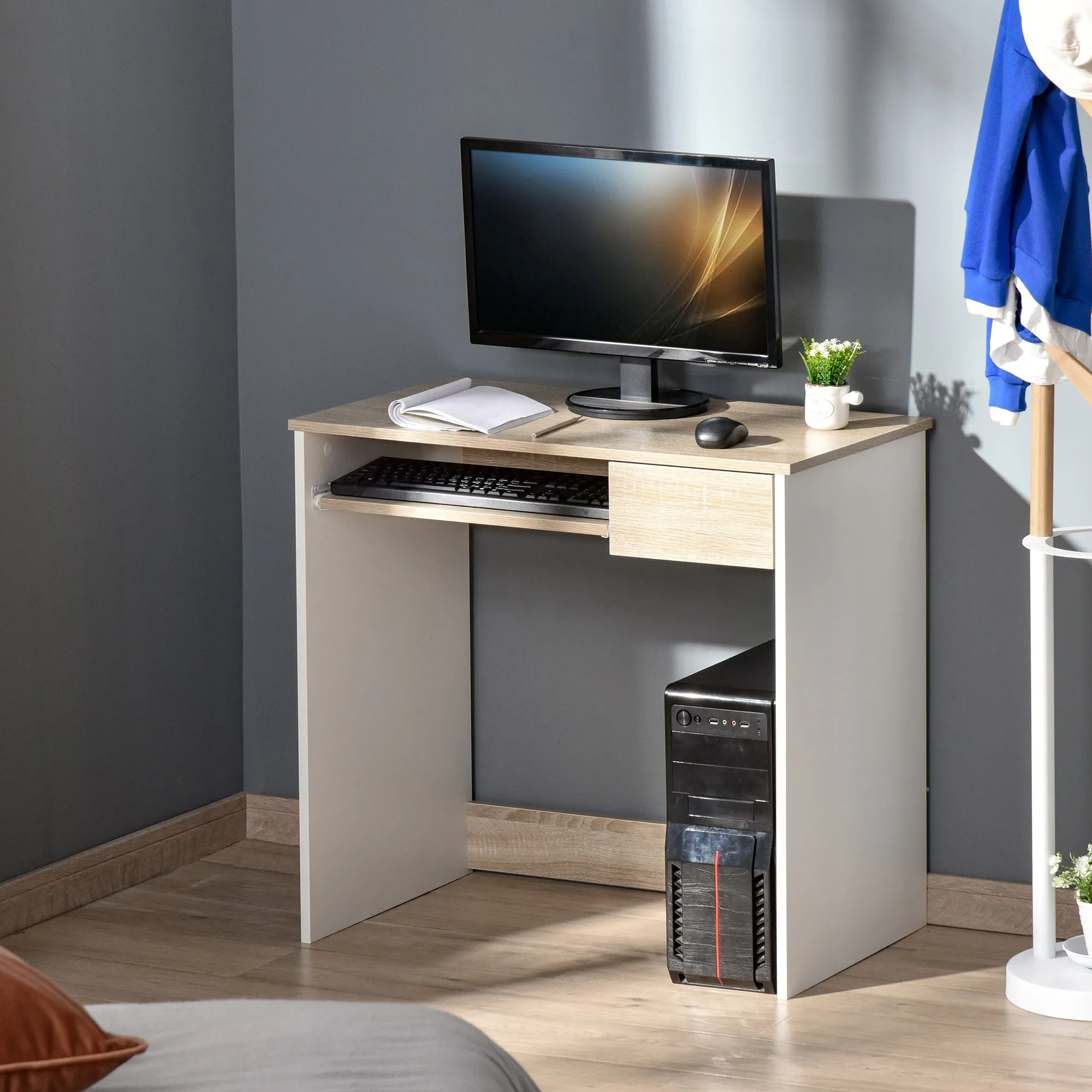 Compact Small Computer PC Table with Keyboard Tray Drawer Study Office Working Gaming Writing Desk Oak Colour