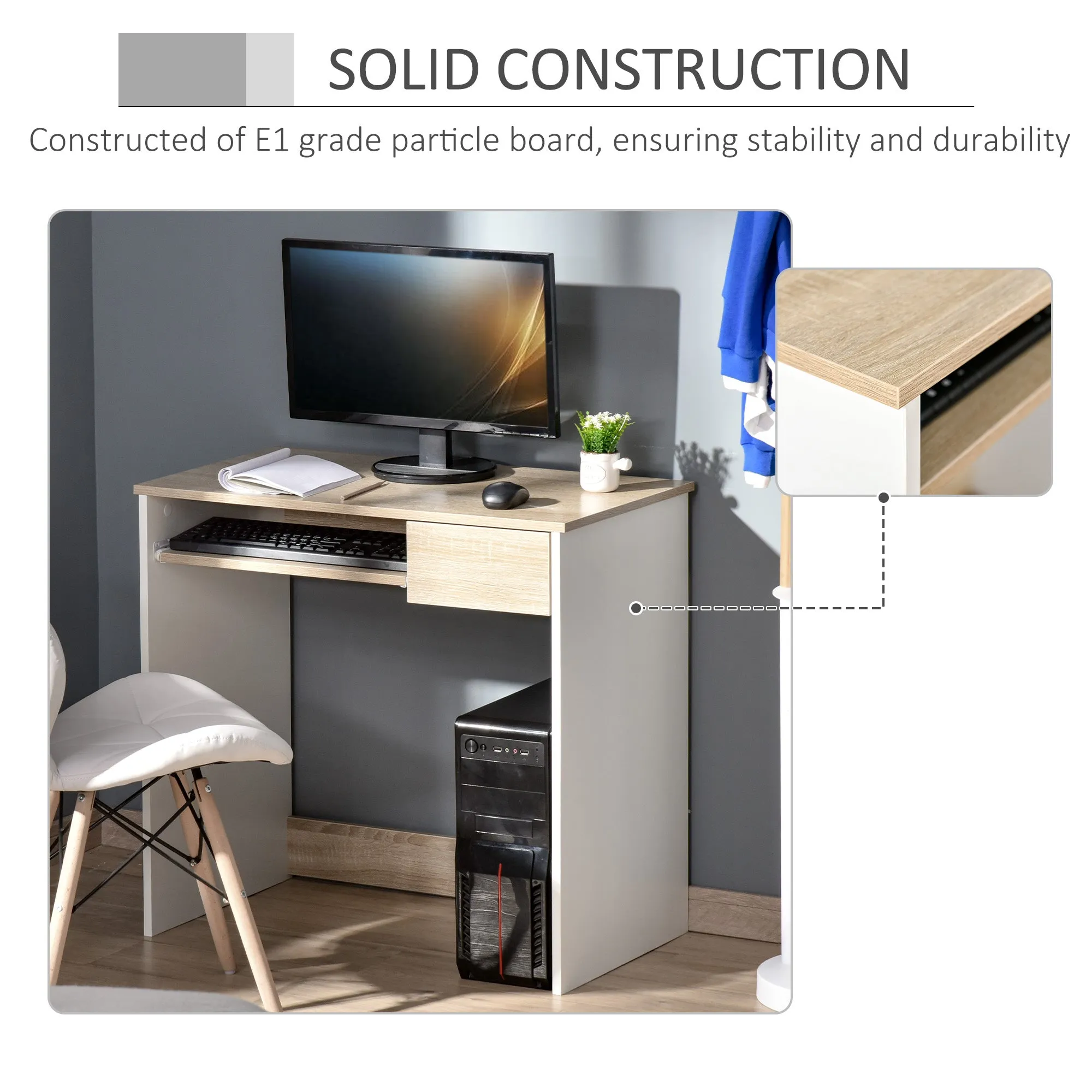 Compact Small Computer PC Table with Keyboard Tray Drawer Study Office Working Gaming Writing Desk Oak Colour