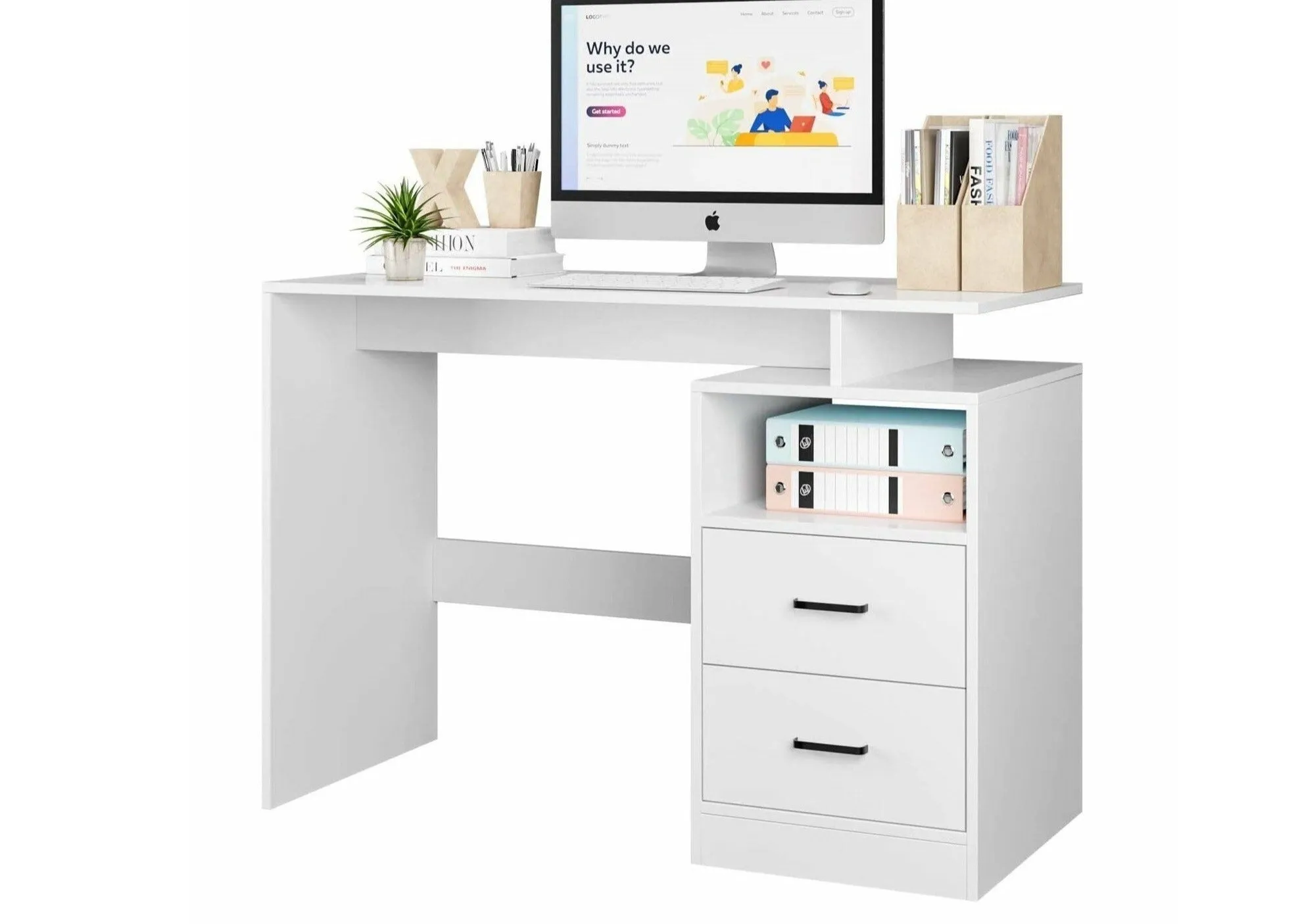 Compact White Home Office Computer Laptop Workstation Study Desk With Drawers