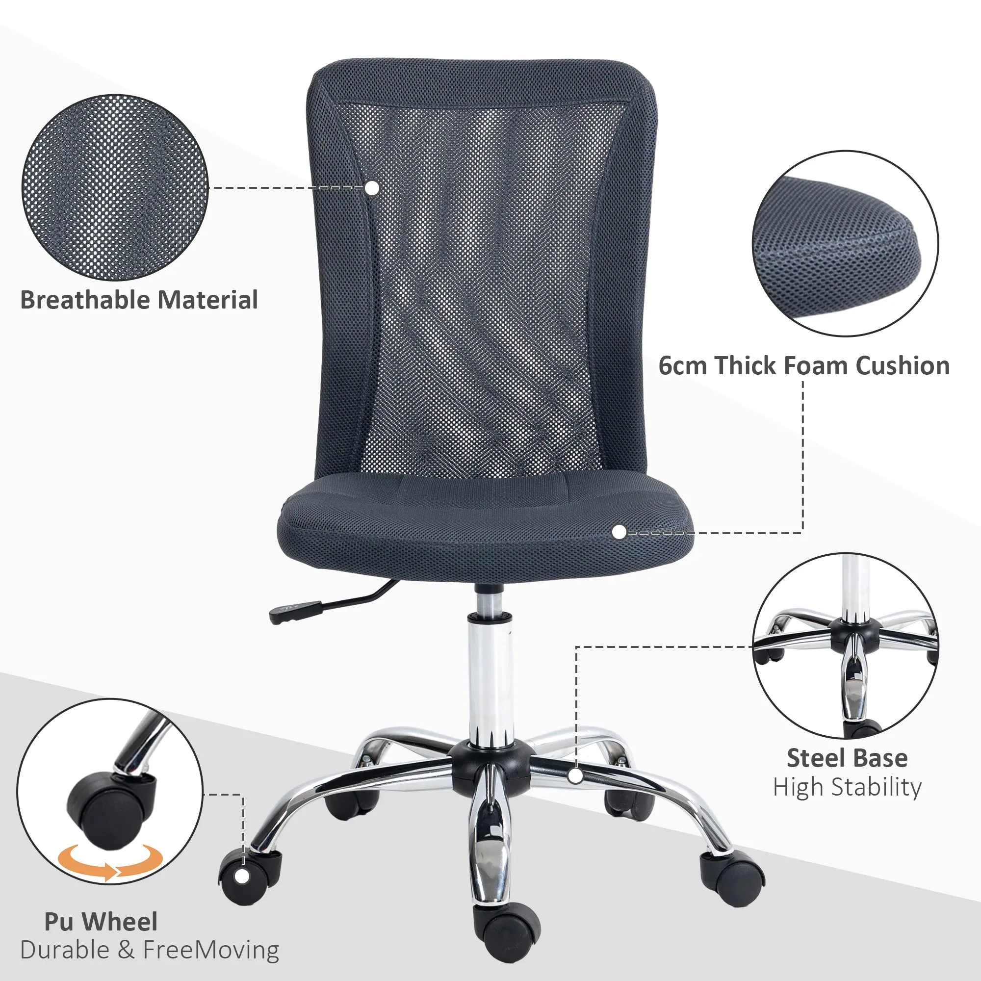 Computer Desk Chair Mesh Office Chair with Adjustable Height and Swivel Wheels Armless Study Chair Dark Grey