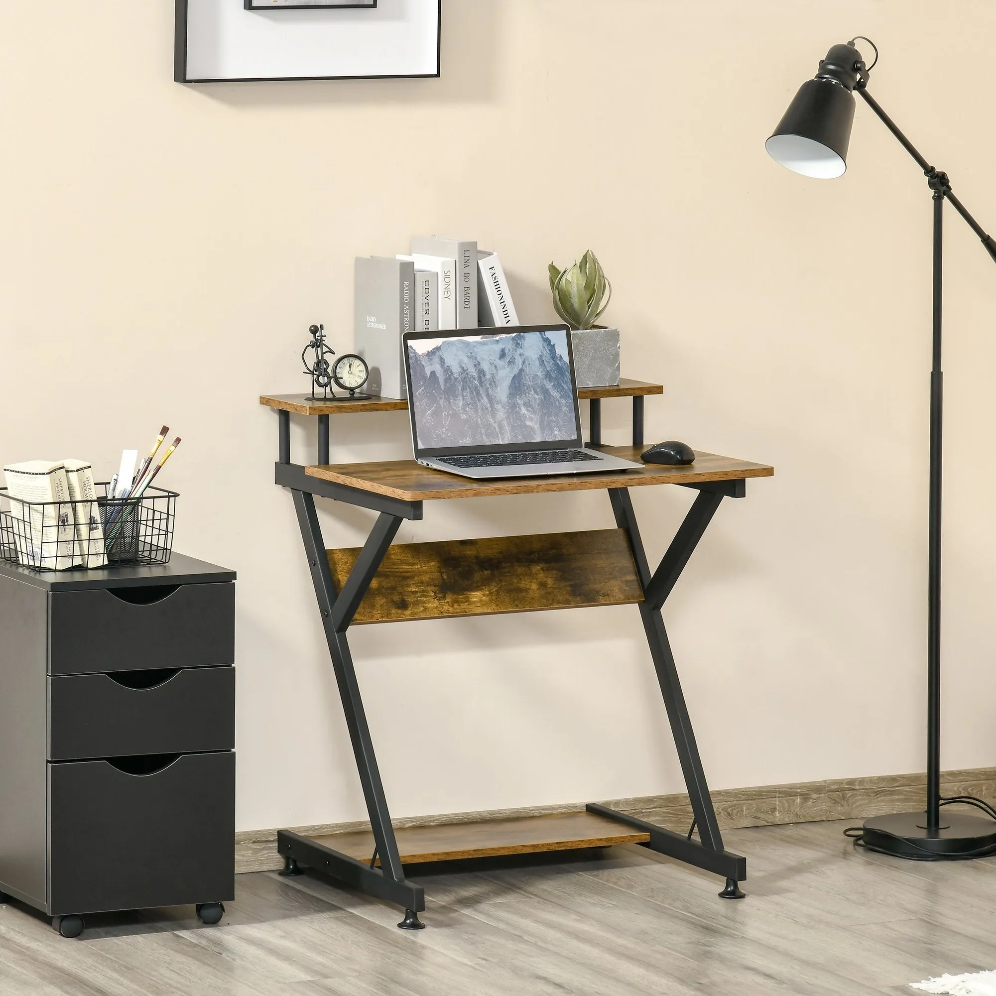 Computer Desk with Monitor Shelf and Storage R Shaped Gaming Study Writing Table for Home Office Brown Office