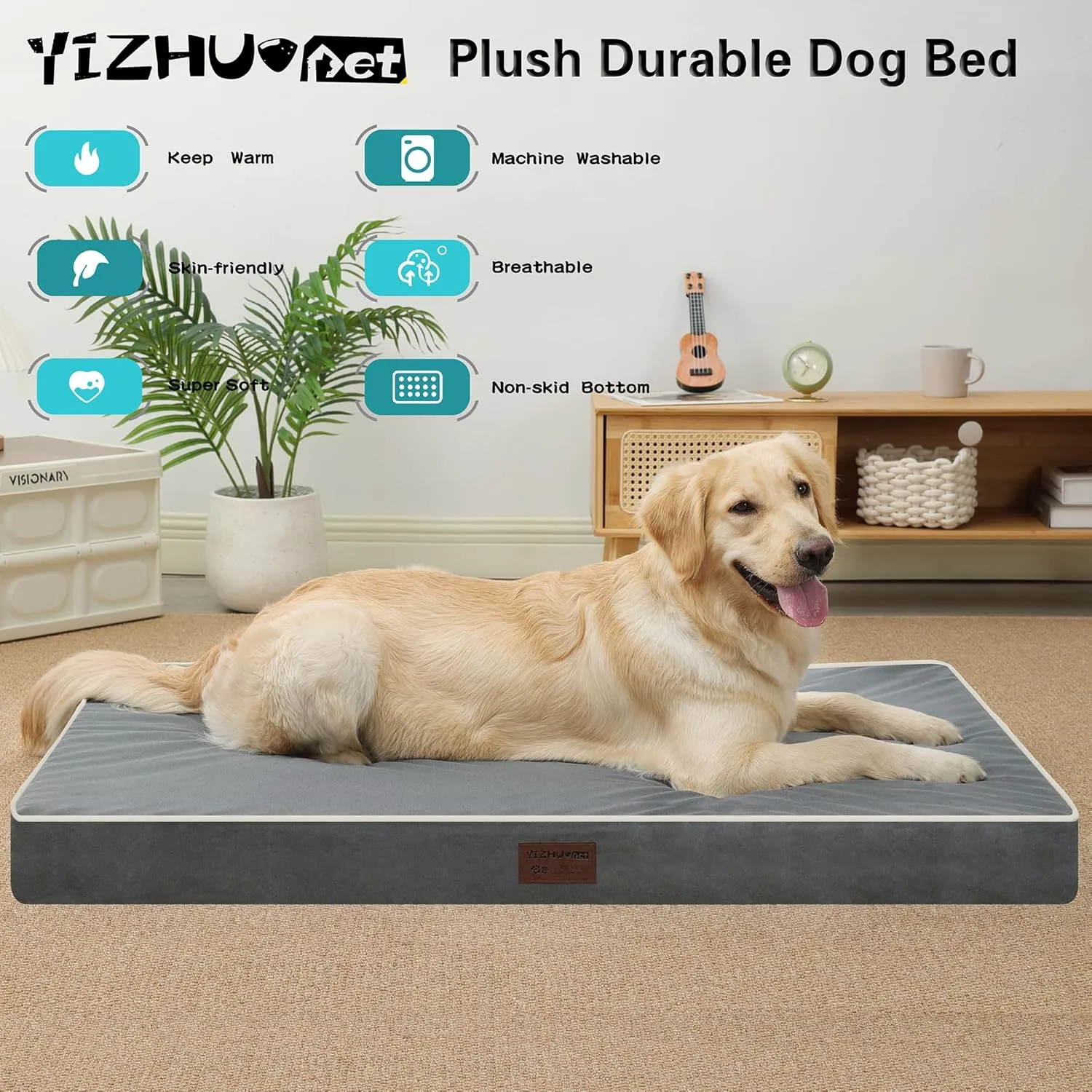 Dog Bed Mats for Big Dogs - Orthopedic Dog Pet Bed Thick Egg Foam Crate, Removable Washable Cover, Non-Slip Bottom Durable Dog Crate Bed Mat (Dark Gray, XL(42''x30''x4''))