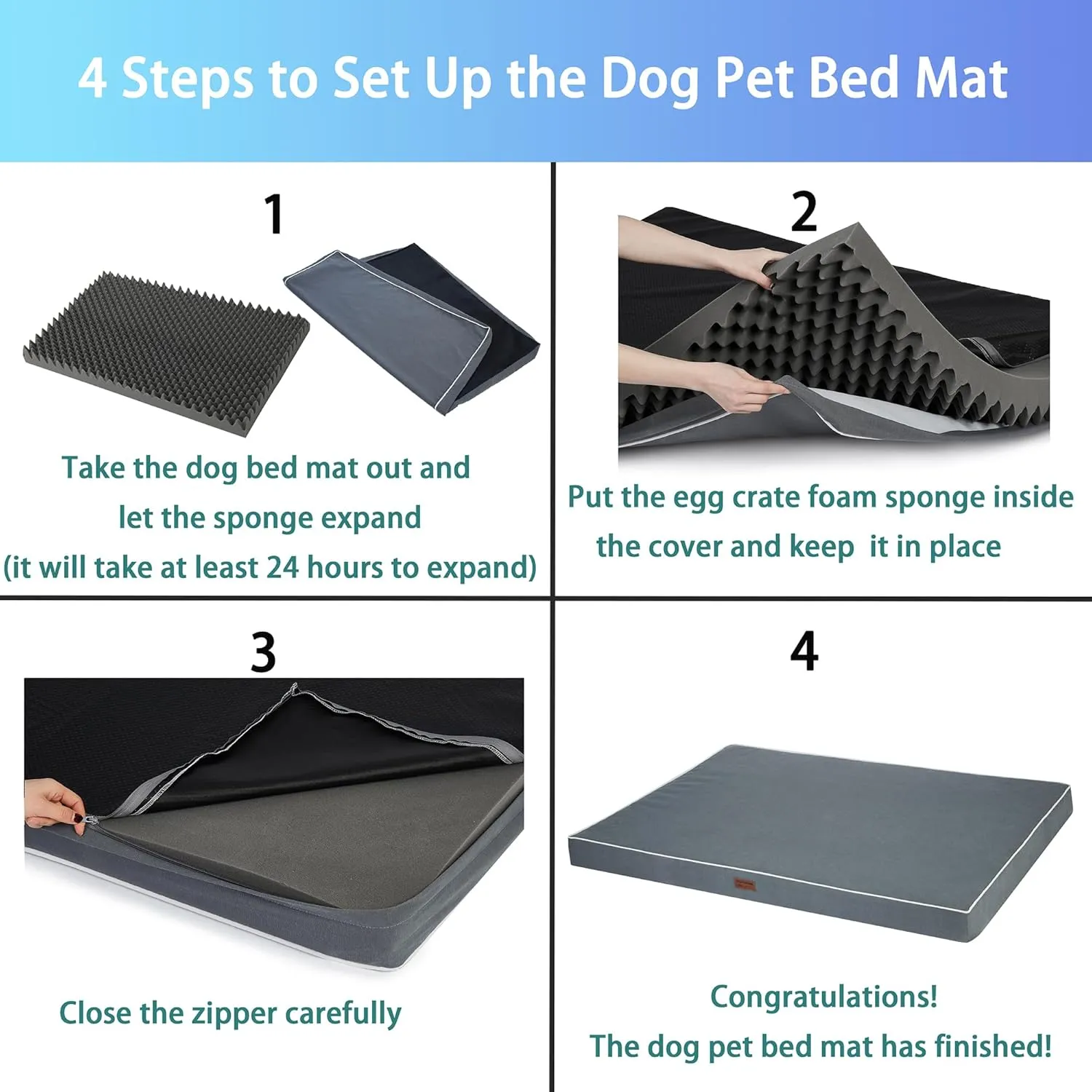 Dog Bed Mats for Big Dogs - Orthopedic Dog Pet Bed Thick Egg Foam Crate, Removable Washable Cover, Non-Slip Bottom Durable Dog Crate Bed Mat (Dark Gray, XL(42''x30''x4''))