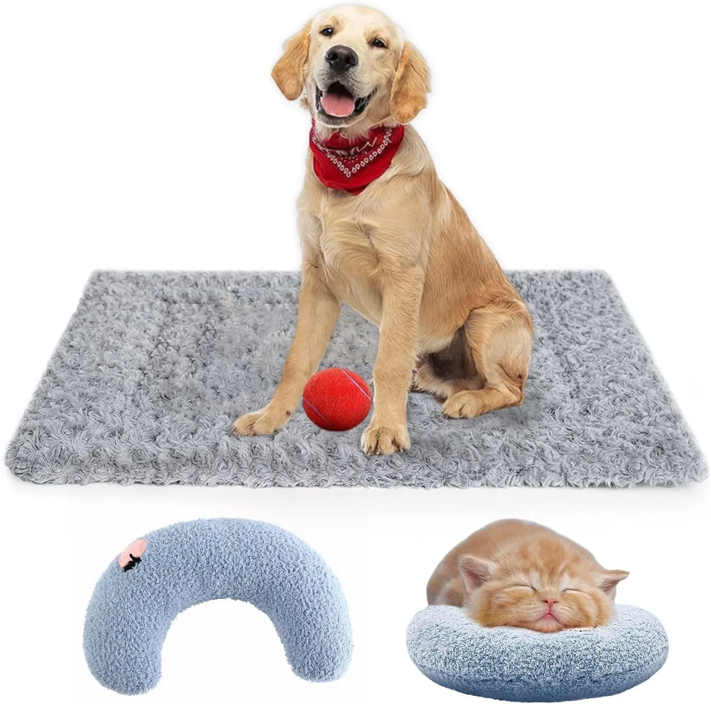 Dog Beds Crate Pad Pet Blanket Grey Fluffy Double-Sided use Cozy Sleeping Mat Belt Calming Pillow for Cats Dog S(16x 24"x1.2")