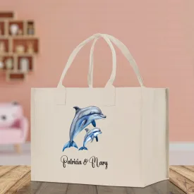 Dolphin Mom And Baby Name Custom Cotton Canvas Tote Bag Custom Pet Lover Gift Pet Portrait Bag Personalized Pet Owner Gift Tote Bag