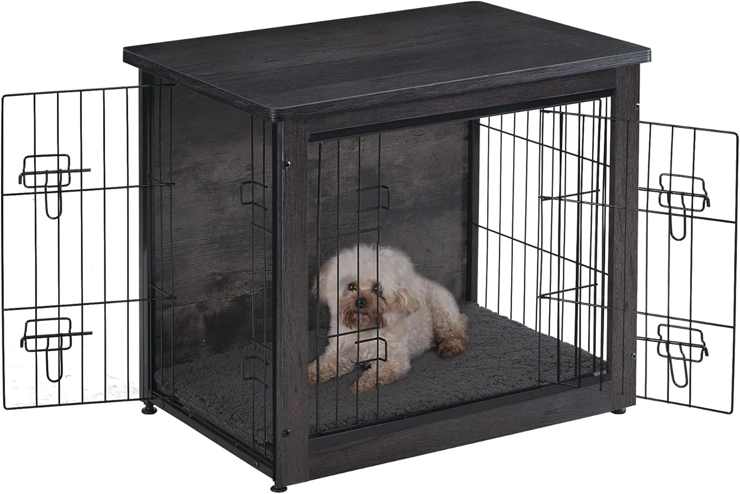 DWANTON Dog Crate Furniture with Cushion, Wooden Kennel Table with Double Doors, Indoor Dog House, Small/Medium/Large/Extra Large Size, 27.2" L, Dark Gray