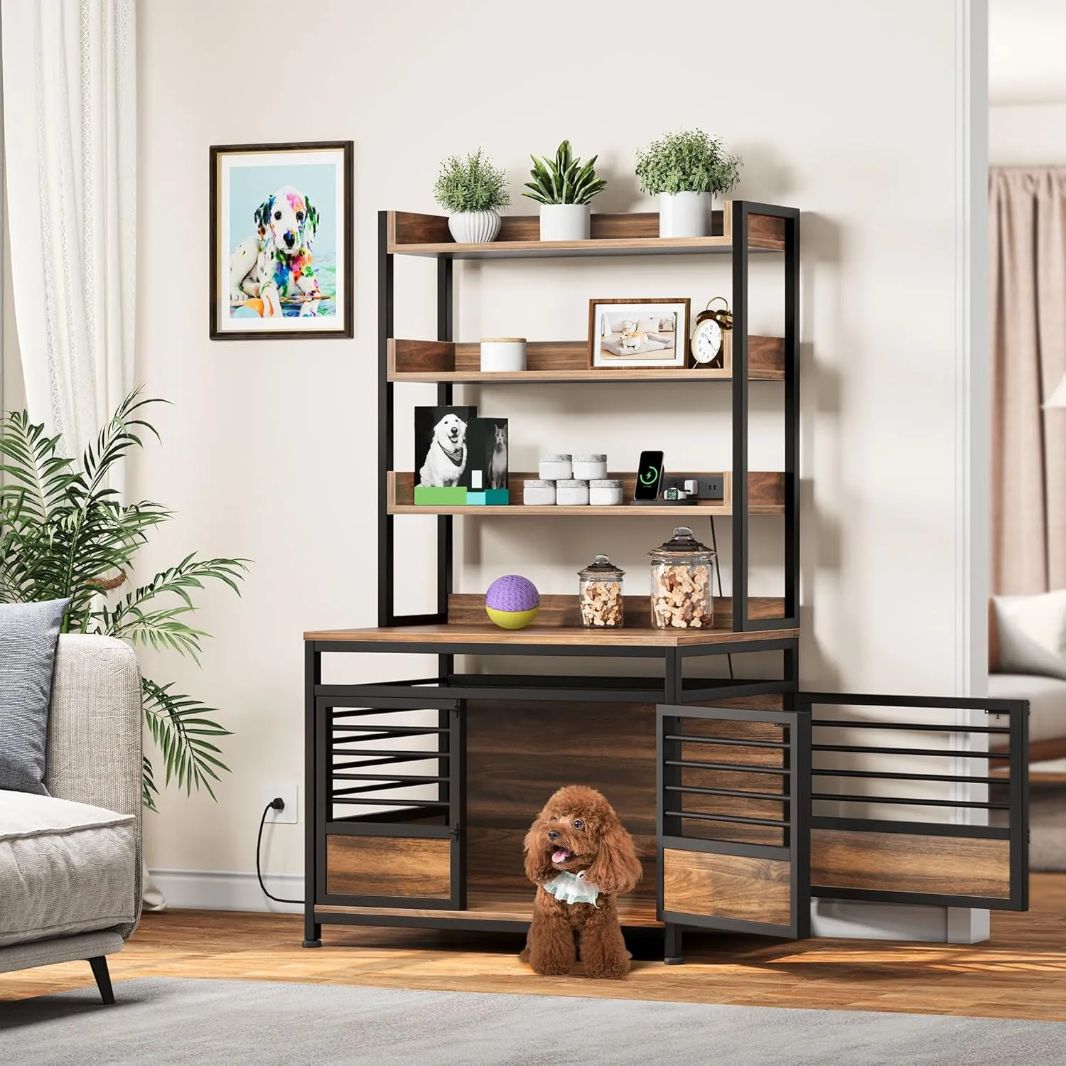 DWVO Dog Crate Furniture with Storage Shelves, Heavy Duty Dog Crate with Charging Station, 39 Inch Dog Kennel Indoor Furniture for Large Dogs, Modern Decorative Dog Crate with Double Doors, Brown
