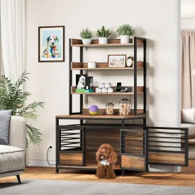 DWVO Dog Crate Furniture with Storage Shelves, Heavy Duty Dog Crate with Charging Station, 39 Inch Dog Kennel Indoor Furniture for Large Dogs, Modern Decorative Dog Crate with Double Doors, Brown
