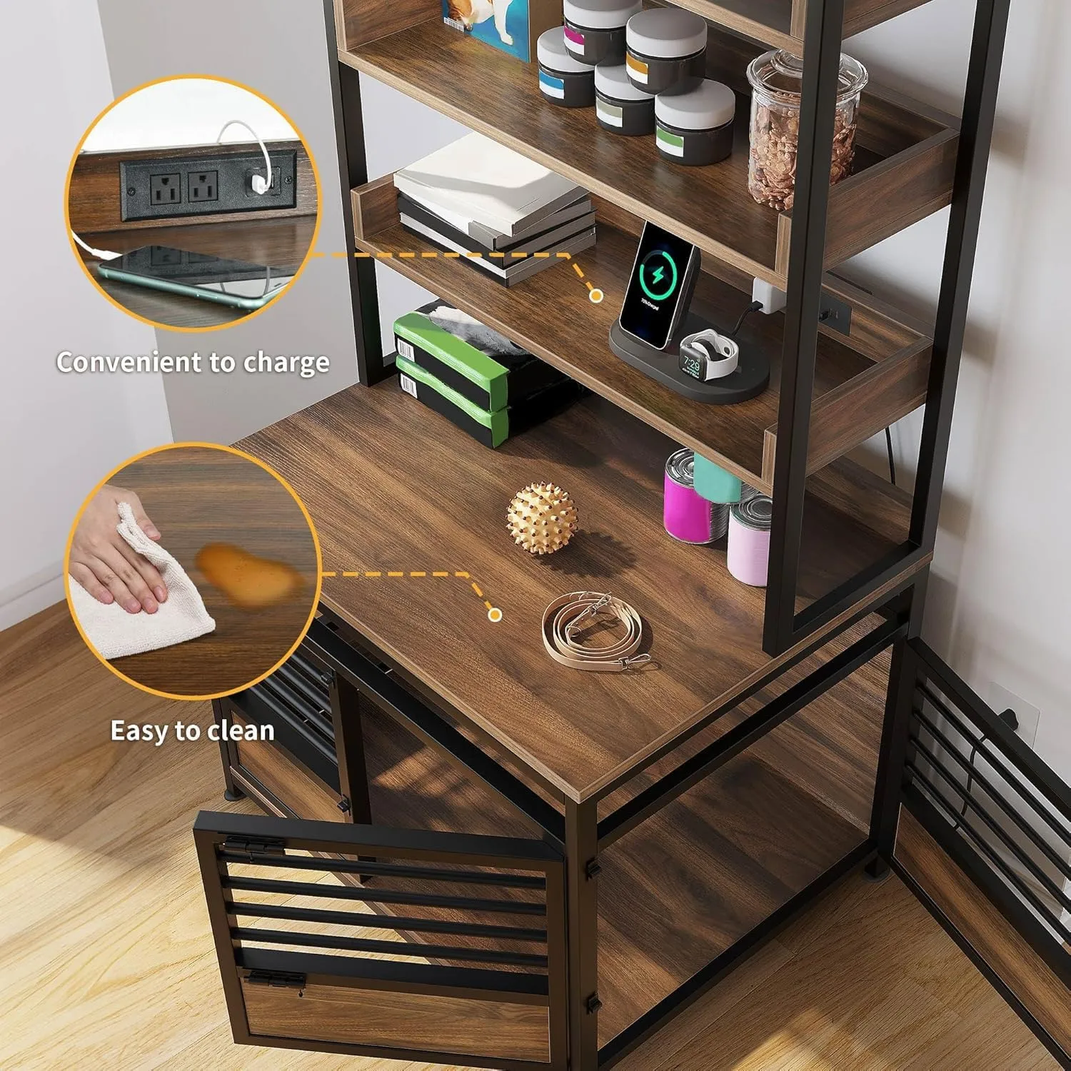 DWVO Dog Crate Furniture with Storage Shelves, Heavy Duty Dog Crate with Charging Station, 39 Inch Dog Kennel Indoor Furniture for Large Dogs, Modern Decorative Dog Crate with Double Doors, Brown