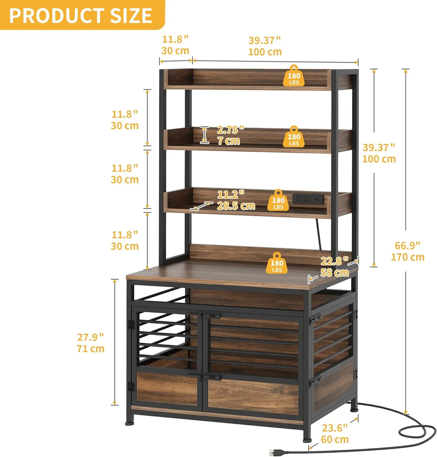DWVO Dog Crate Furniture with Storage Shelves, Heavy Duty Dog Crate with Charging Station, 39 Inch Dog Kennel Indoor Furniture for Large Dogs, Modern Decorative Dog Crate with Double Doors, Brown