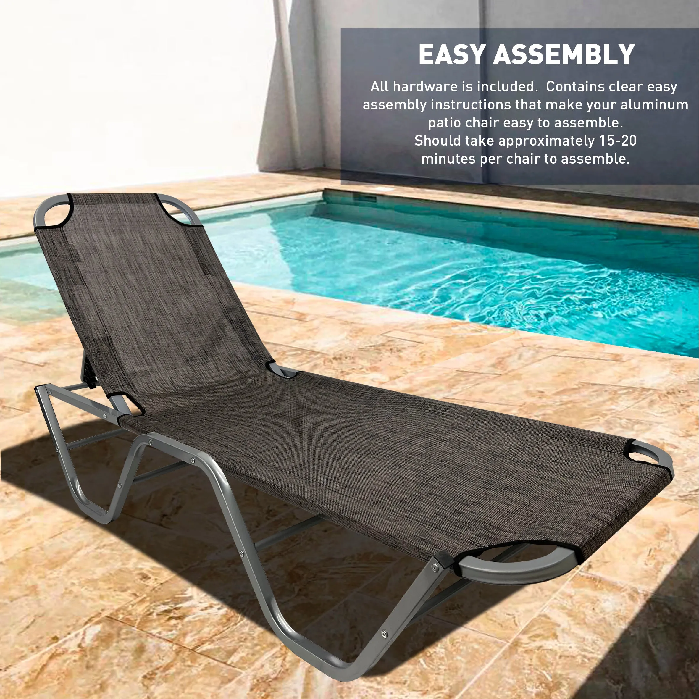 EasyGo Product Chaise Lounger – Aluminum Sun Lounge Chair – Adjustable Outdoor Patio Beach Porch Swing Pool-Five-Position Recliner-Lightweight All Weather, 1 Pack Brown