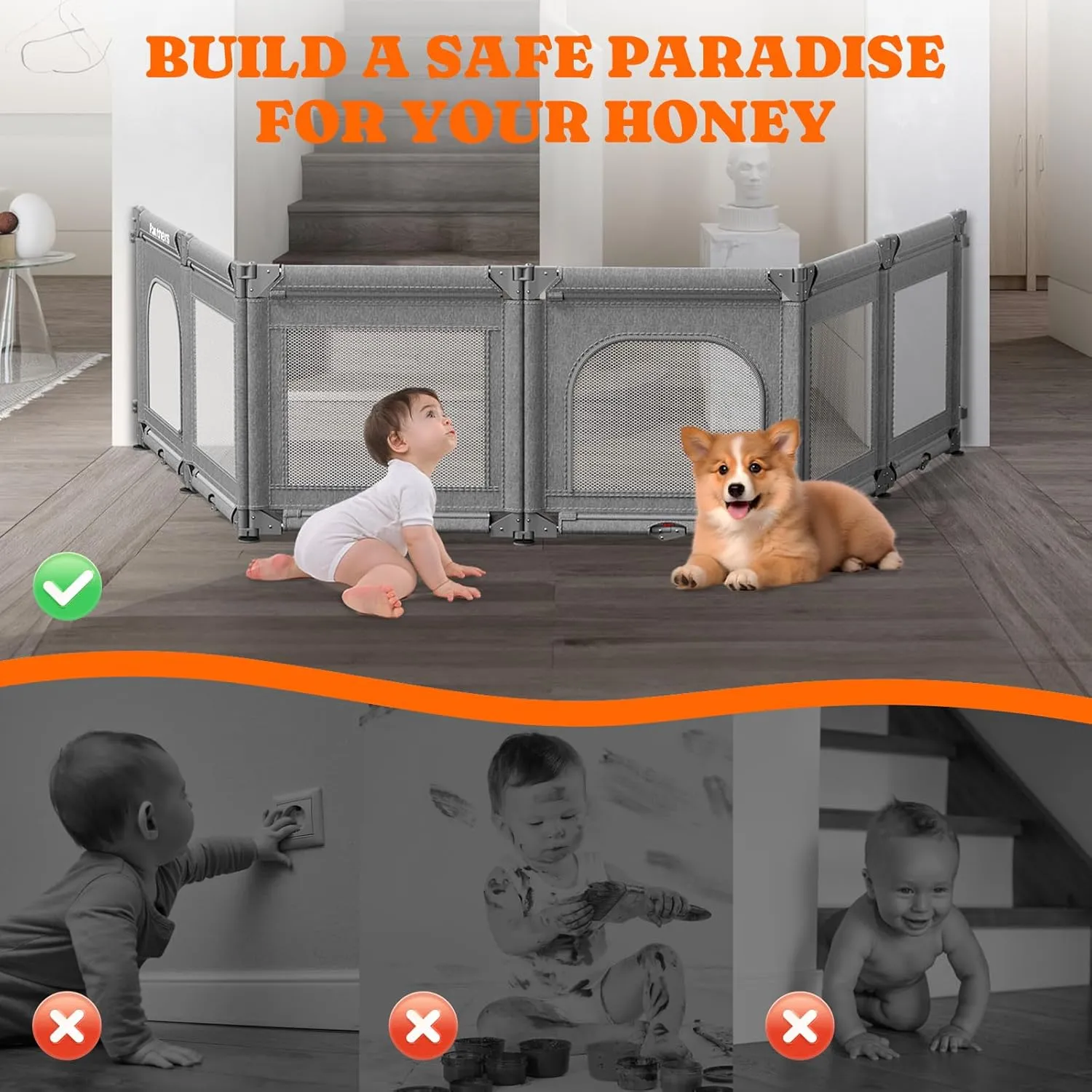 Foldable Dog Gate for Stairs, 165" W x 28" H Pet Gate for Doorways, 6 Panels Baby Gates Indoor Baby Play Fence, Grey