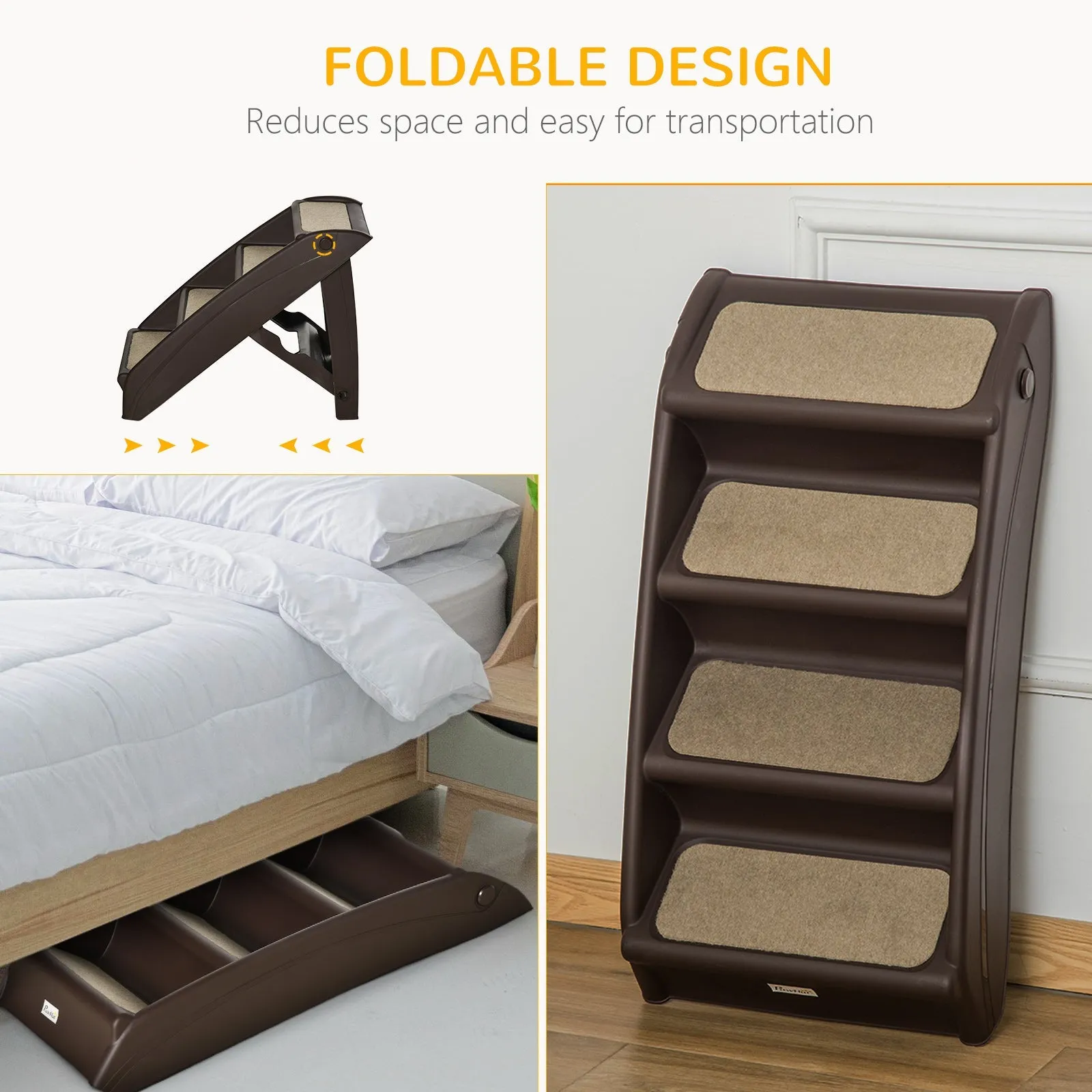 Foldable Pet Stairs 4-Step for Cats Small Dogs with Non-slip Mats 62 x 38 x 49.5 cm Dark Brown
