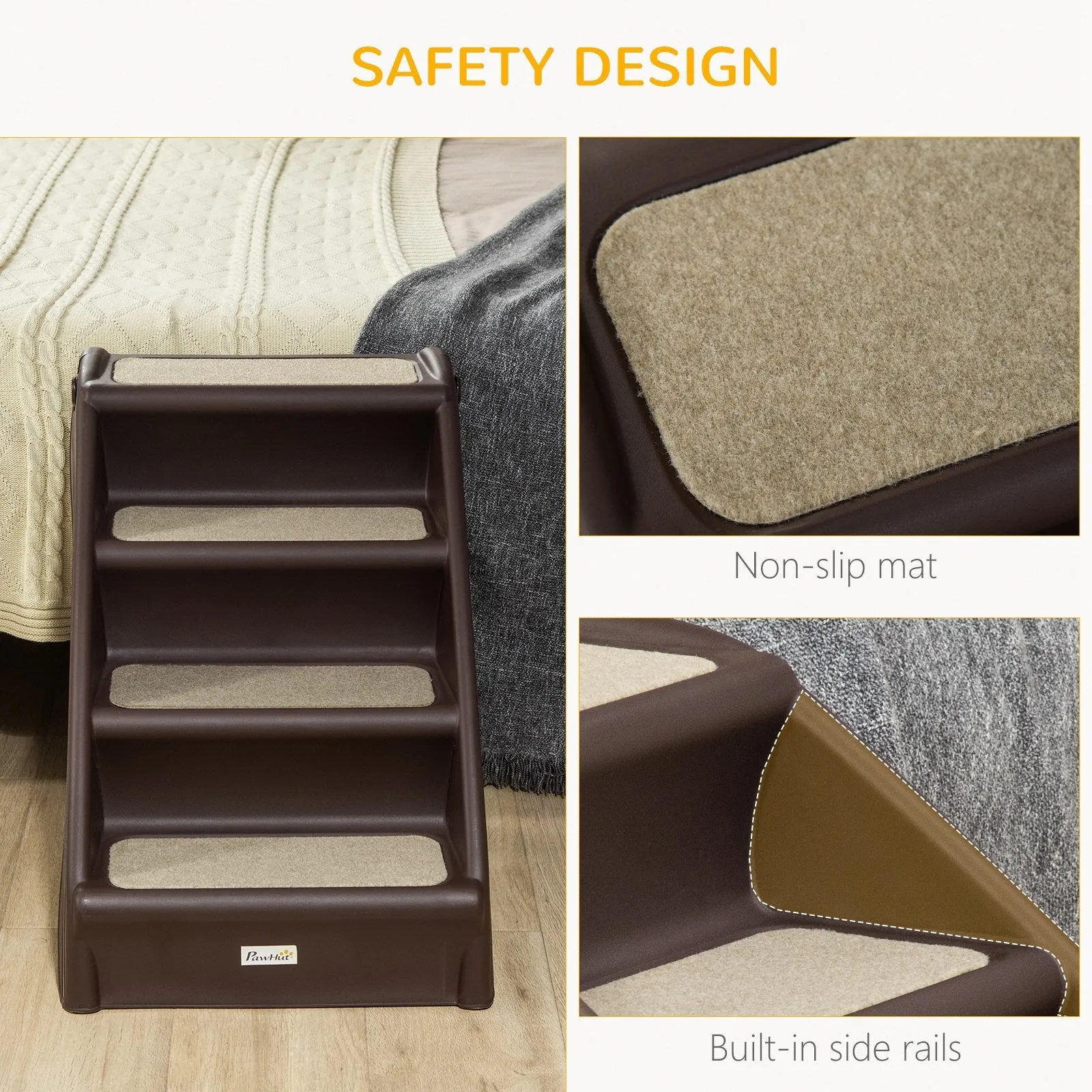 Foldable Pet Stairs 4-Step for Cats Small Dogs with Non-slip Mats 62 x 38 x 49.5 cm Dark Brown