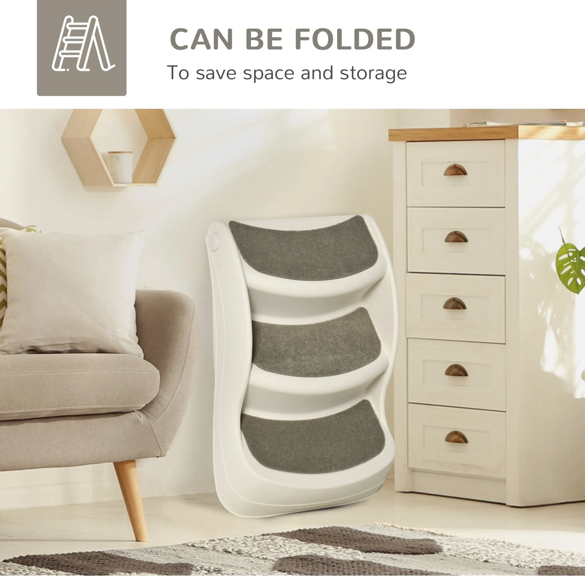 Foldable Pet Stairs Portable Dog Steps 3-Step Design with Non-slip Mats for High Beds, Sofas, 49 x 38 x 38 cm, Cream