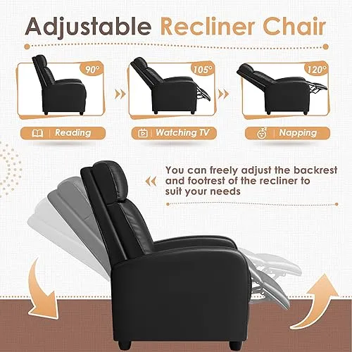 GUNJI Recliner Chair for Adults Modern PU Leather Adjustable Reclining Chair for Living Room Home Theater Seating with Footrest (Black)