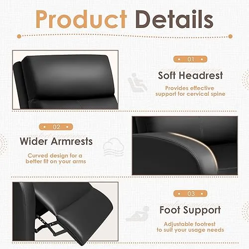 GUNJI Recliner Chair for Adults Modern PU Leather Adjustable Reclining Chair for Living Room Home Theater Seating with Footrest (Black)
