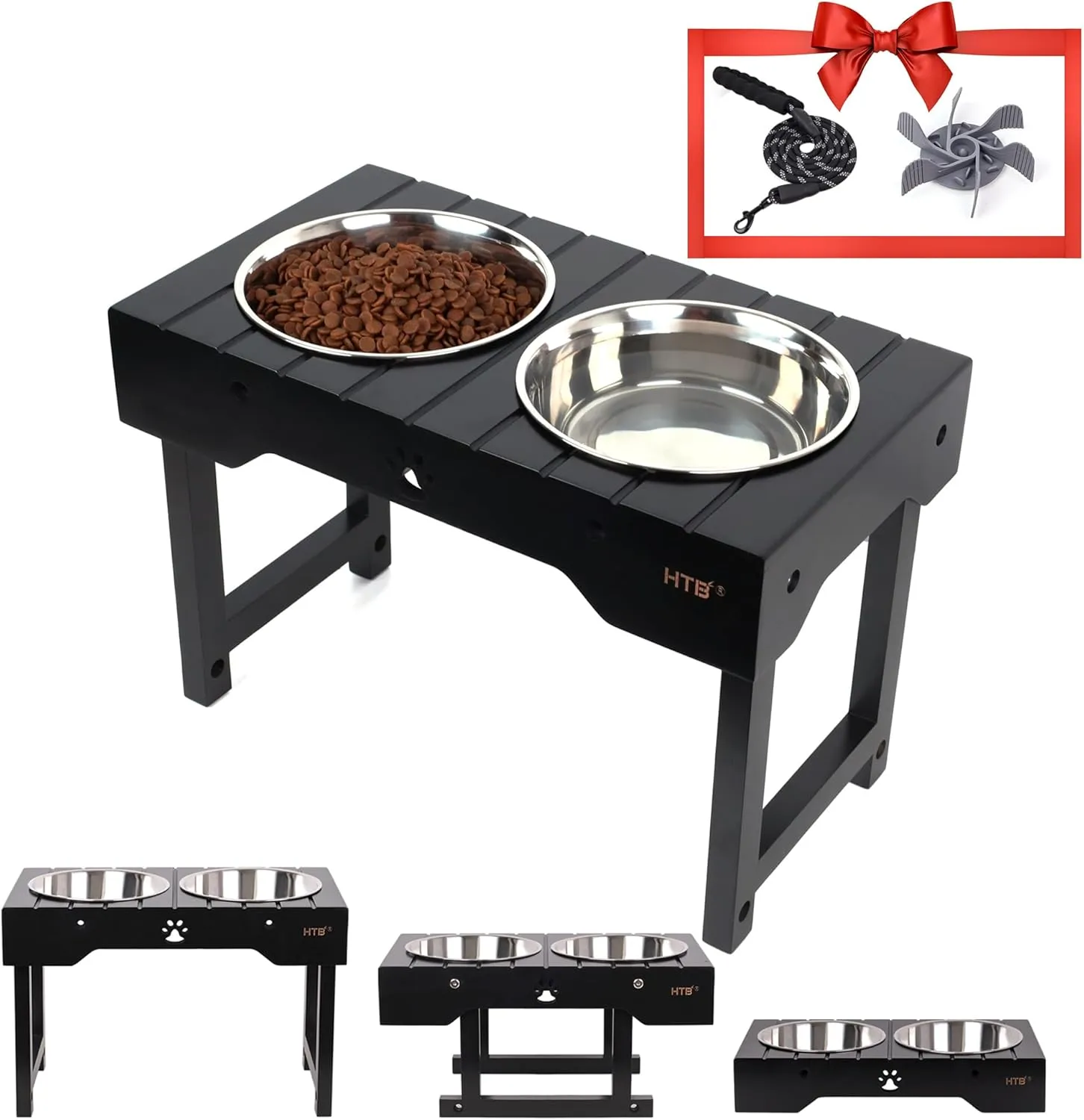HTB Elevated Dog Bowls with Slow Feeder & pet Leash,Raised Dog Bowl Stand Adjusts to 3.1,8.1,11.8