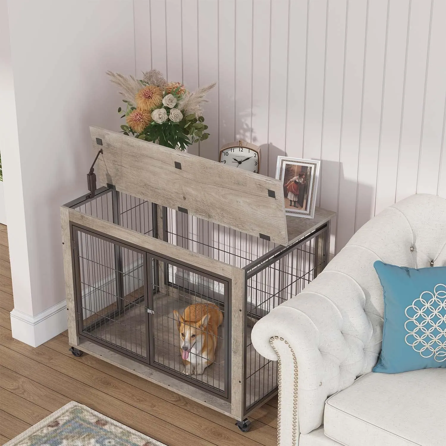 IchbinGo Wooden Dog Crate Furniture, 38.5" Dog Kennel with 3 Doors, Flip-up Top Opening and Wheels, Decorative Pet Crate Dog House for Large/Medium/Small Dog Indoor Use (Rustic Grey)
