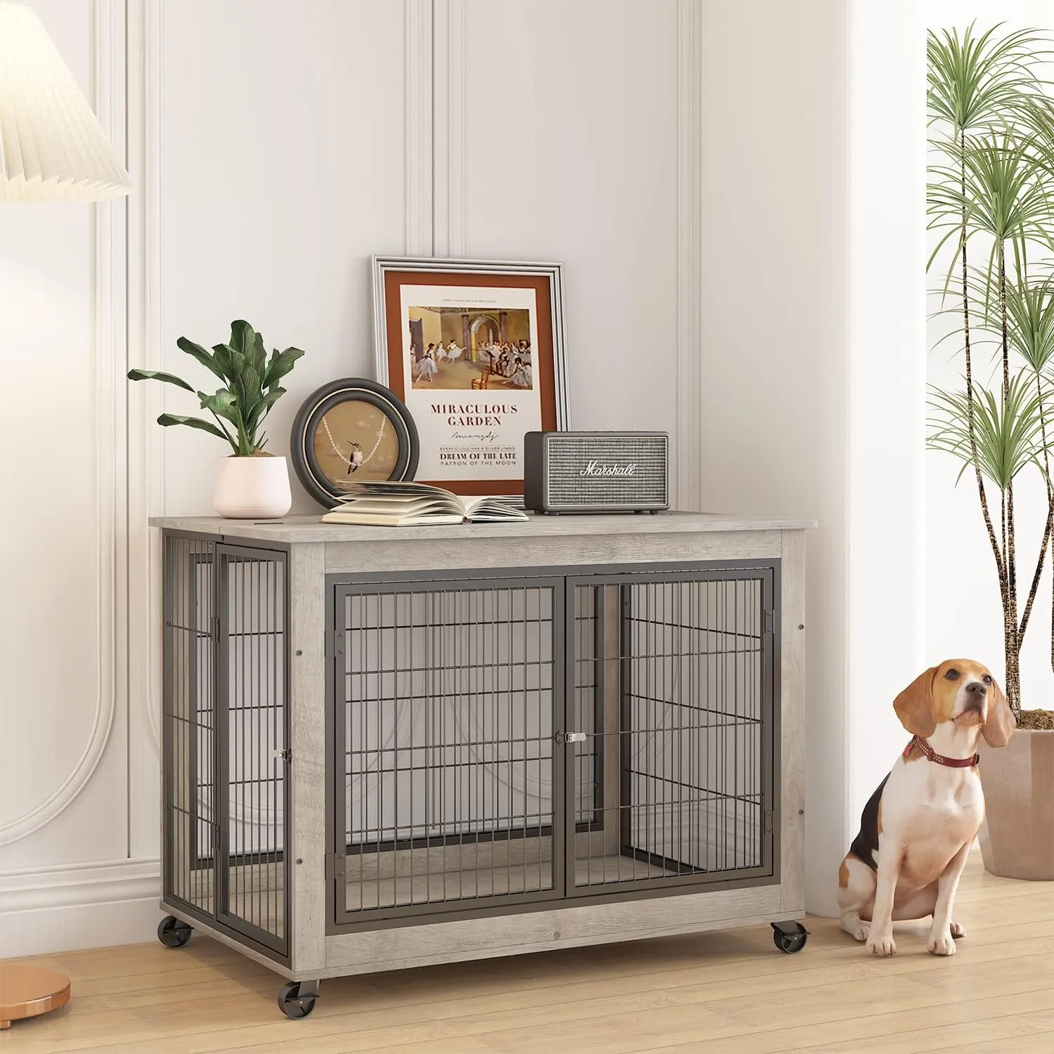 IchbinGo Wooden Dog Crate Furniture, 38.5" Dog Kennel with 3 Doors, Flip-up Top Opening and Wheels, Decorative Pet Crate Dog House for Large/Medium/Small Dog Indoor Use (Rustic Grey)