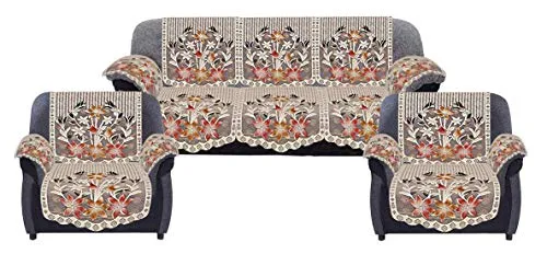 Kuber Industries Floral Design Cotton 5 Seater Sofa Cover Set with 6 Pieces Arms Cover|Premium Cotton & Flower Print|Pack of 16 (Brown)