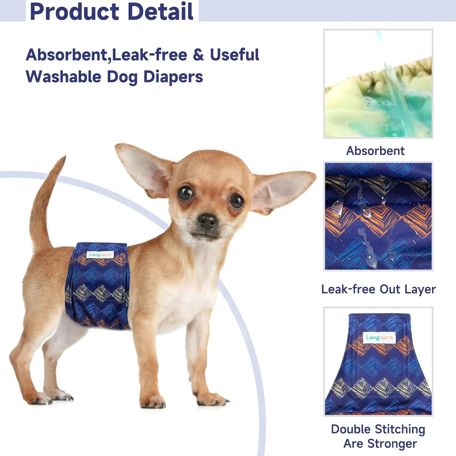 Langsprit Male Belly Bands for Dogs (Pack of 3) - High Absorbing Washable Dog Wraps - Reusable Small Doggy Puppy Diapers Plaid-2 M