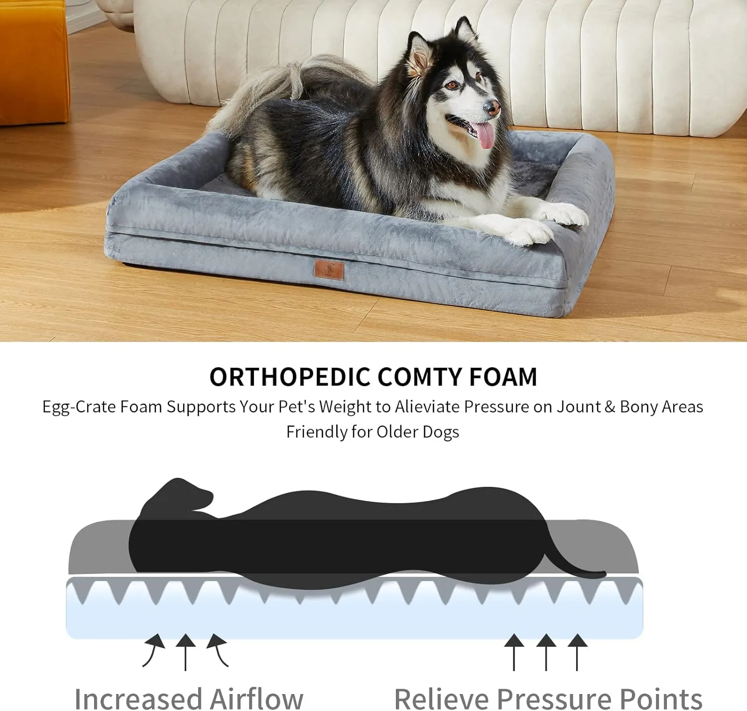 Large Orthopedic Egg Crate Foam Dog Bed, Waterproof Dog Bed with Removable Washable Cover, 4-Sides Removable Bolster Soft Couch Sofa with Non-Slip Bottom, Dark Grey