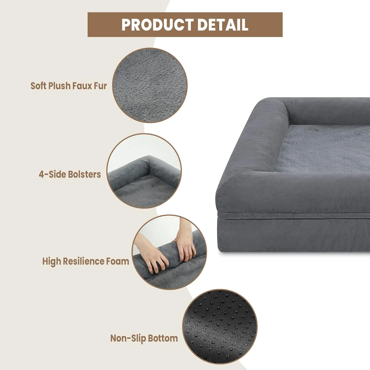 Large Orthopedic Egg Crate Foam Dog Bed, Waterproof Dog Bed with Removable Washable Cover, 4-Sides Removable Bolster Soft Couch Sofa with Non-Slip Bottom, Dark Grey