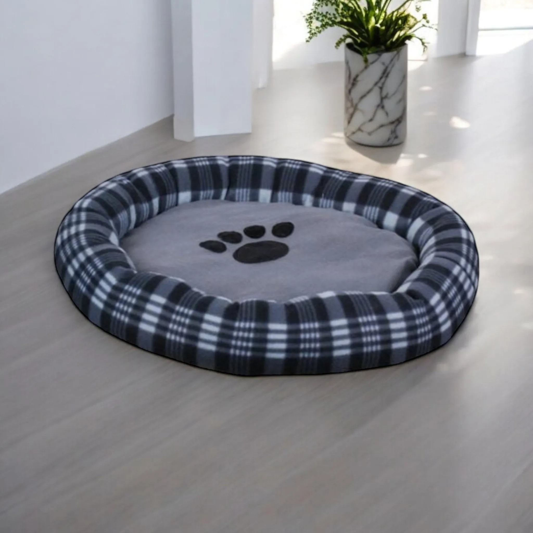 Large Round Plush Dog Bed 62cm In Tartan Design Blue Brown Black
