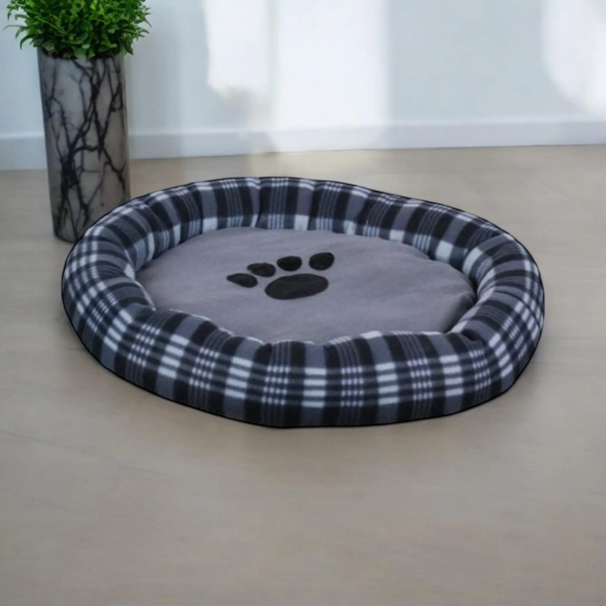 Large Round Plush Dog Bed 62cm In Tartan Design Blue Brown Black
