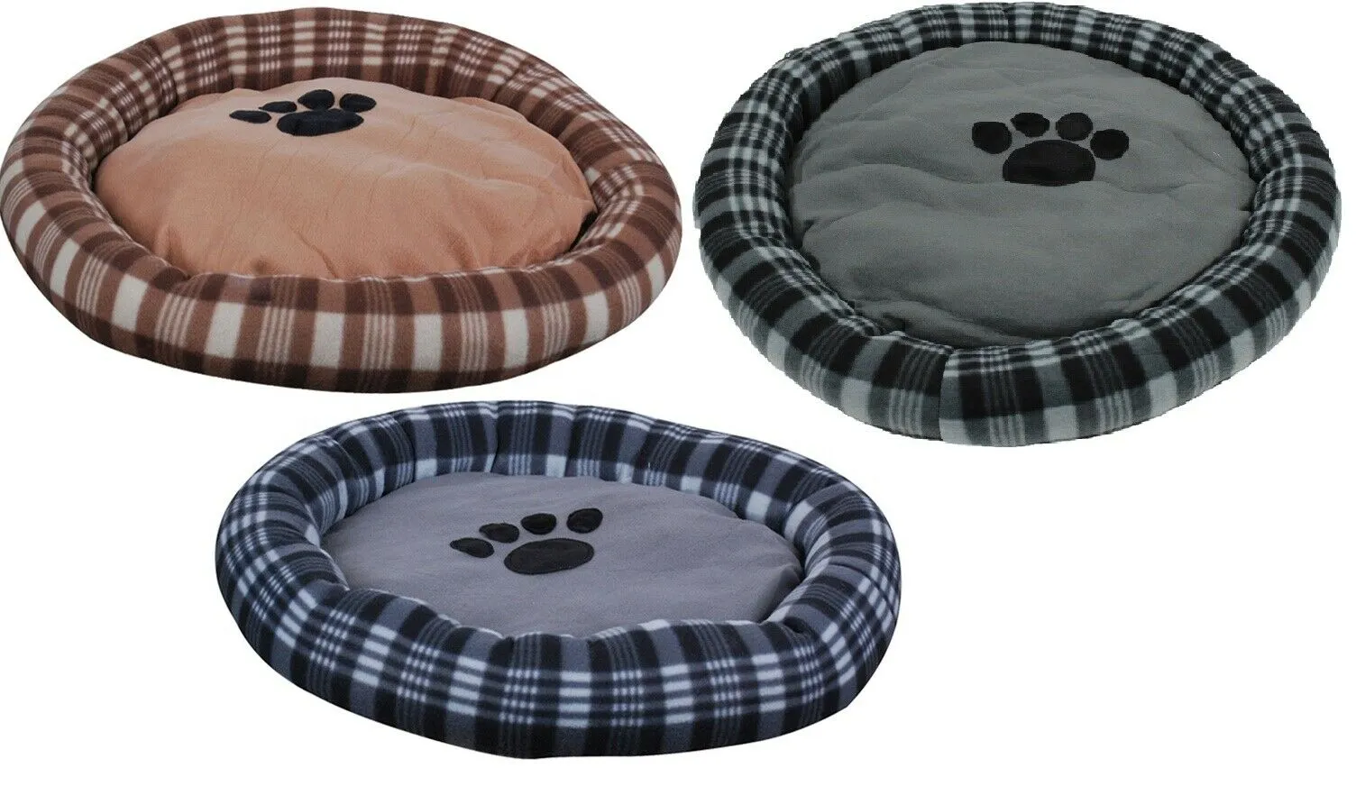Large Round Plush Dog Bed 62cm In Tartan Design Blue Brown Black