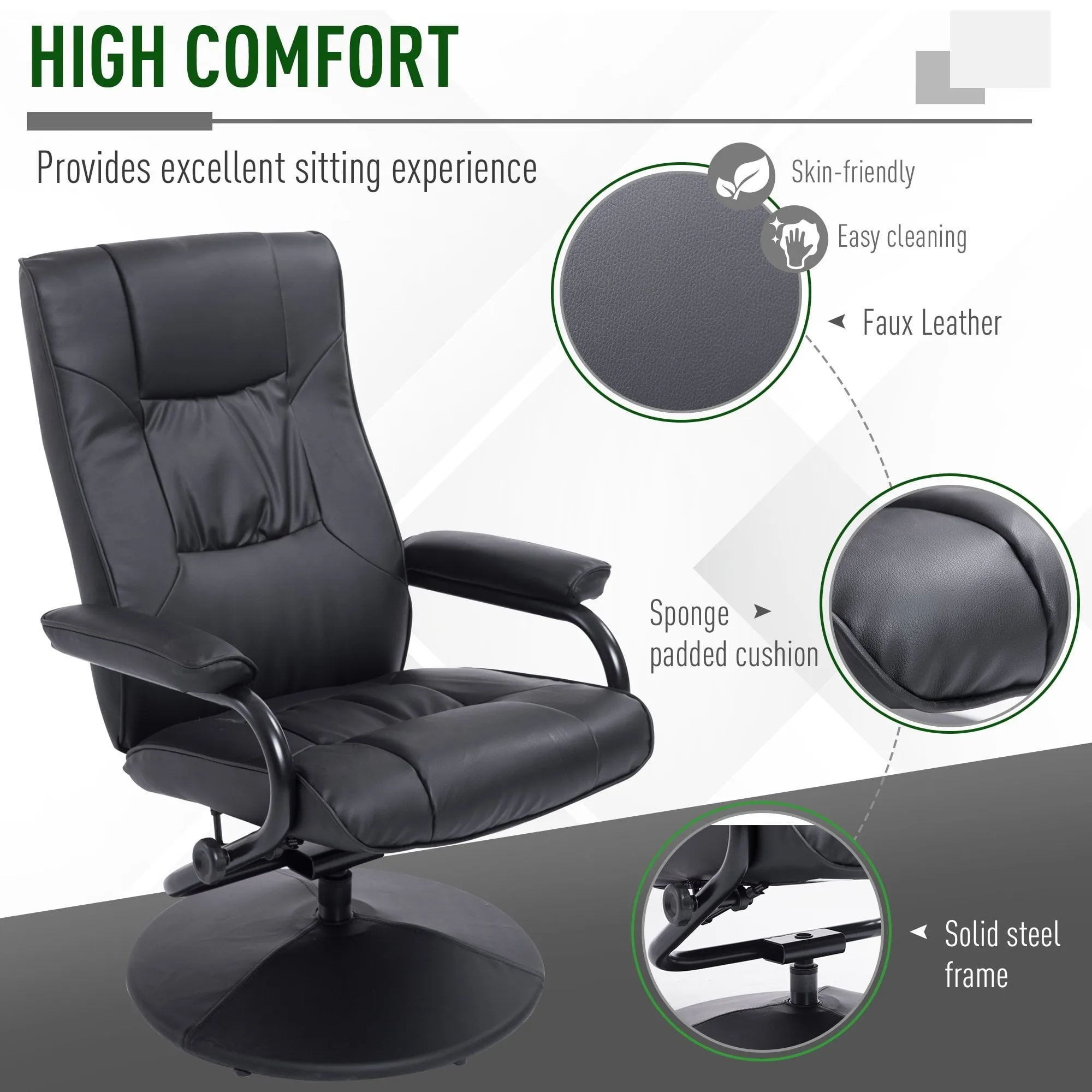 Leather Recliner and Ottoman Set, Modern Swivel Leisure Lounge Chair with Footstool, 145-¦ Adjustable Backrest and Thick Padding for Living Room, Dining Room, Bedroom, Office, Black Padded Cushion Back