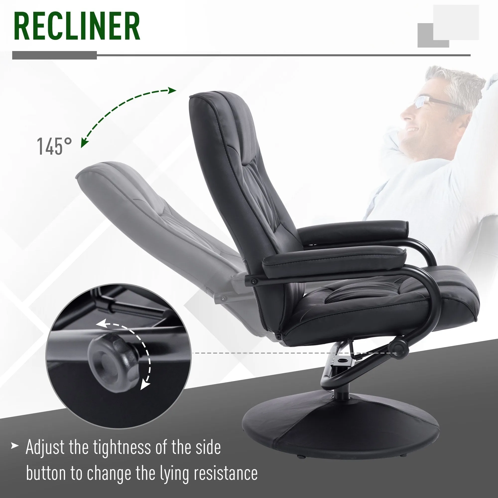 Leather Recliner and Ottoman Set, Modern Swivel Leisure Lounge Chair with Footstool, 145-¦ Adjustable Backrest and Thick Padding for Living Room, Dining Room, Bedroom, Office, Black Padded Cushion Back