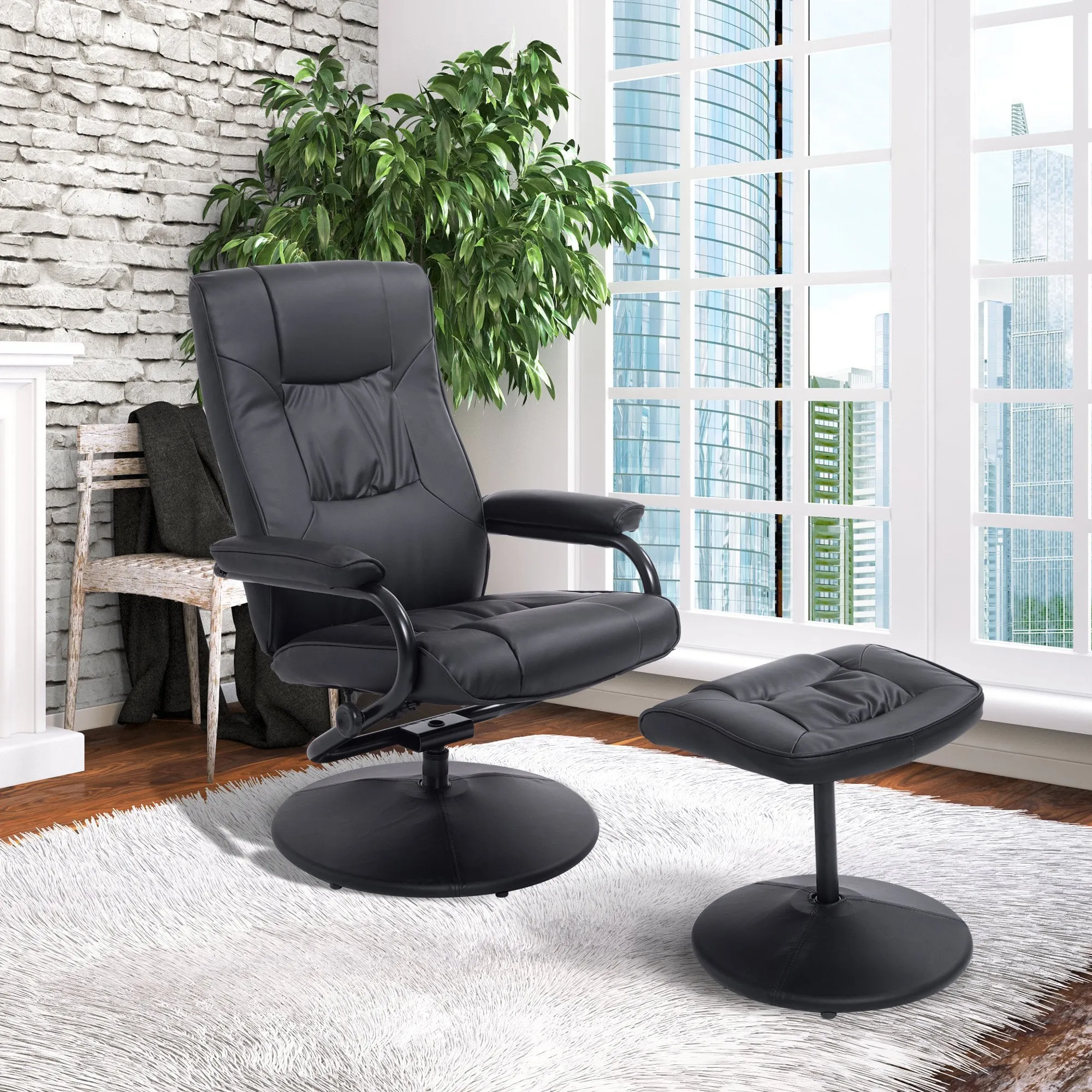 Leather Recliner and Ottoman Set, Modern Swivel Leisure Lounge Chair with Footstool, 145-¦ Adjustable Backrest and Thick Padding for Living Room, Dining Room, Bedroom, Office, Black Padded Cushion Back