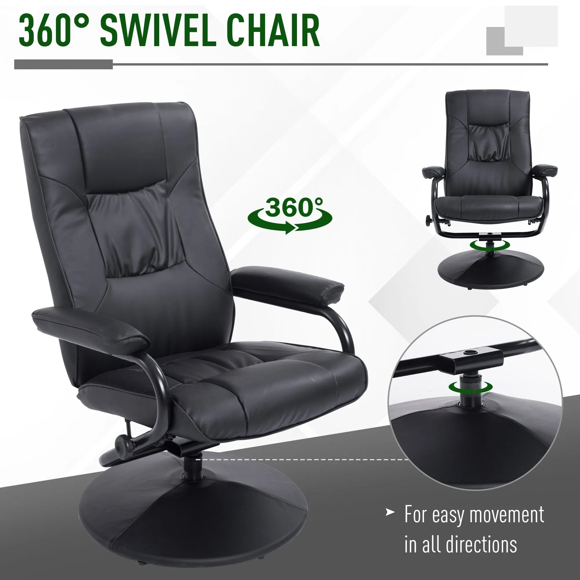 Leather Recliner and Ottoman Set, Modern Swivel Leisure Lounge Chair with Footstool, 145-¦ Adjustable Backrest and Thick Padding for Living Room, Dining Room, Bedroom, Office, Black Padded Cushion Back