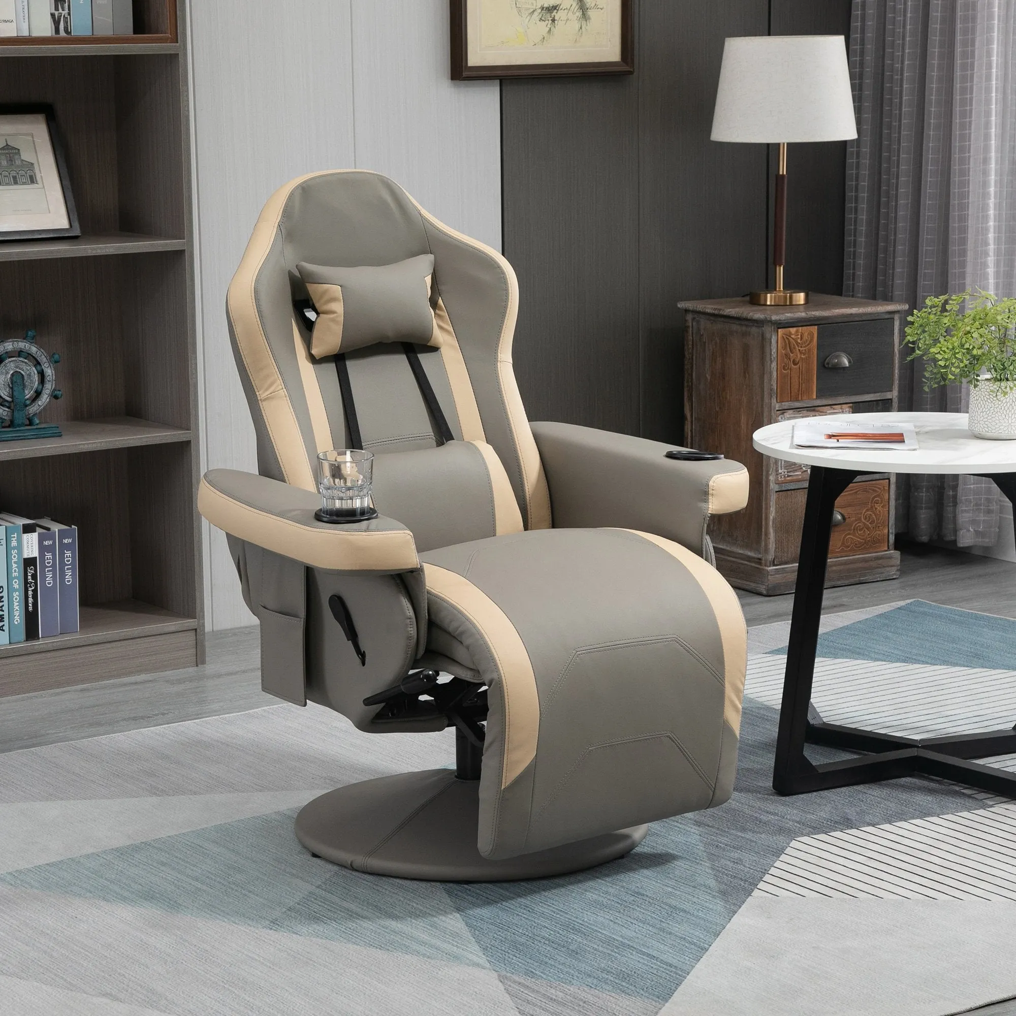 Manual Recliner Armchair PU Leather Lounge Chair with Adjustable Leg Rest, Cup Holder and Storage Pocket - Grey