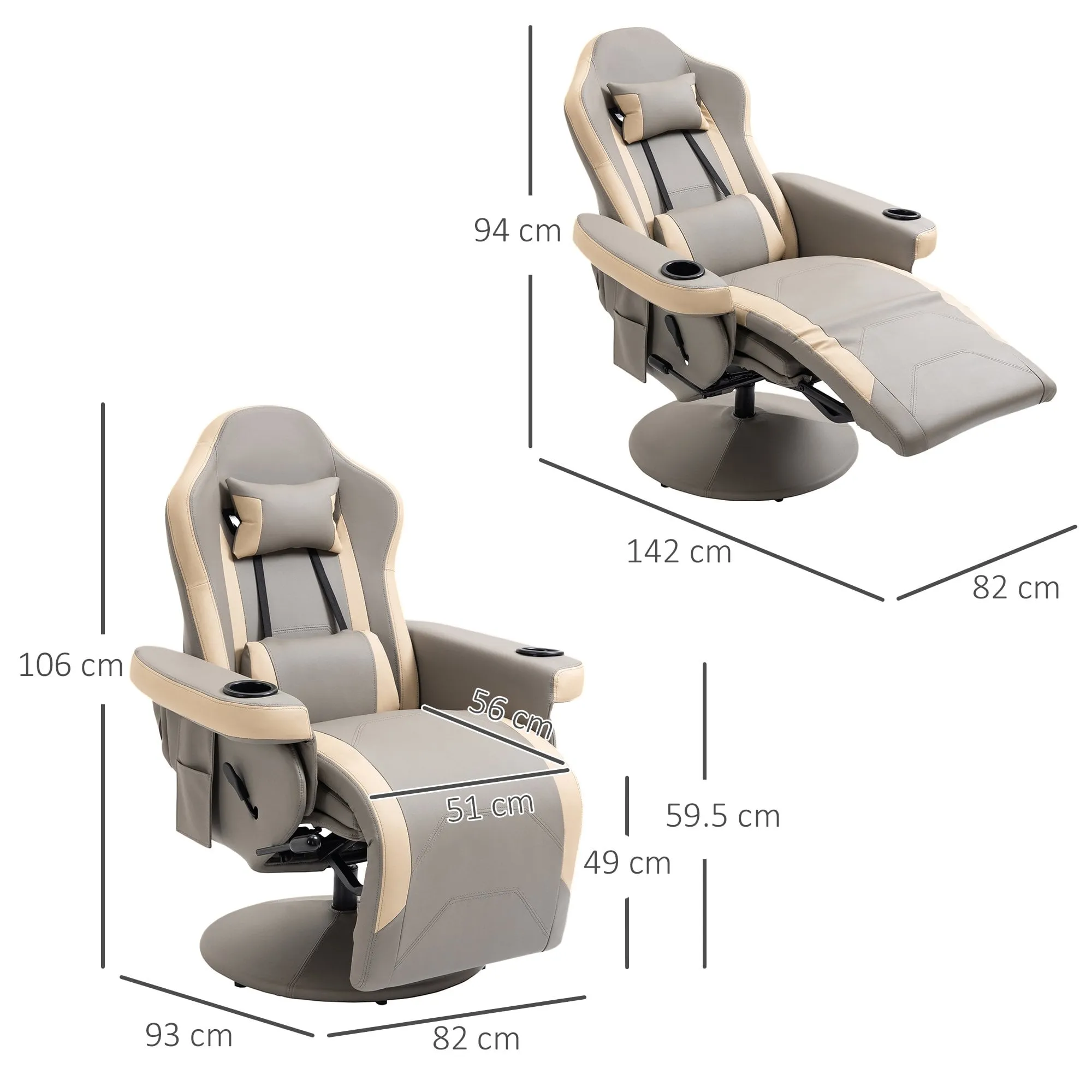 Manual Recliner Armchair PU Leather Lounge Chair with Adjustable Leg Rest, Cup Holder and Storage Pocket - Grey