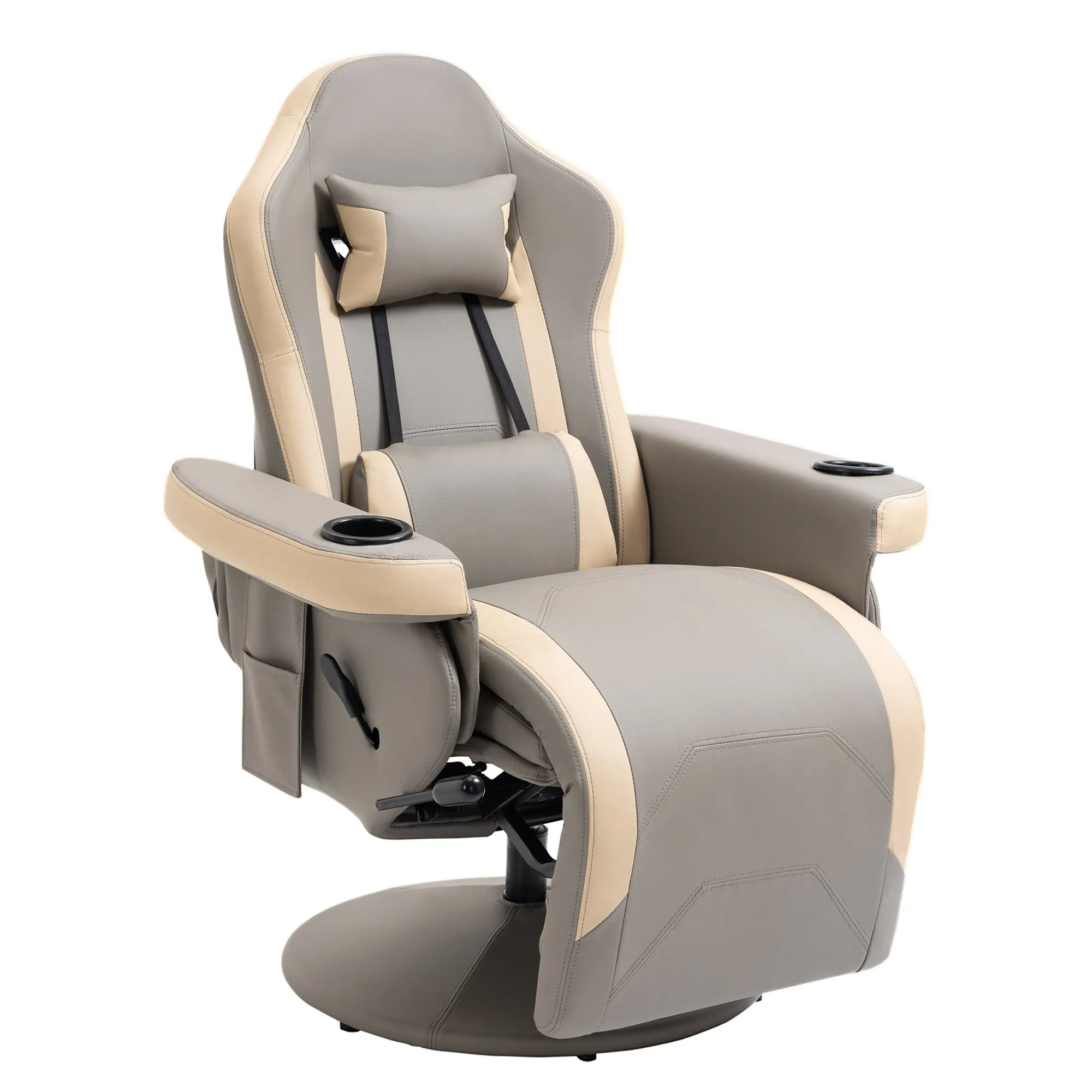 Manual Recliner Armchair PU Leather Lounge Chair with Adjustable Leg Rest, Cup Holder and Storage Pocket - Grey