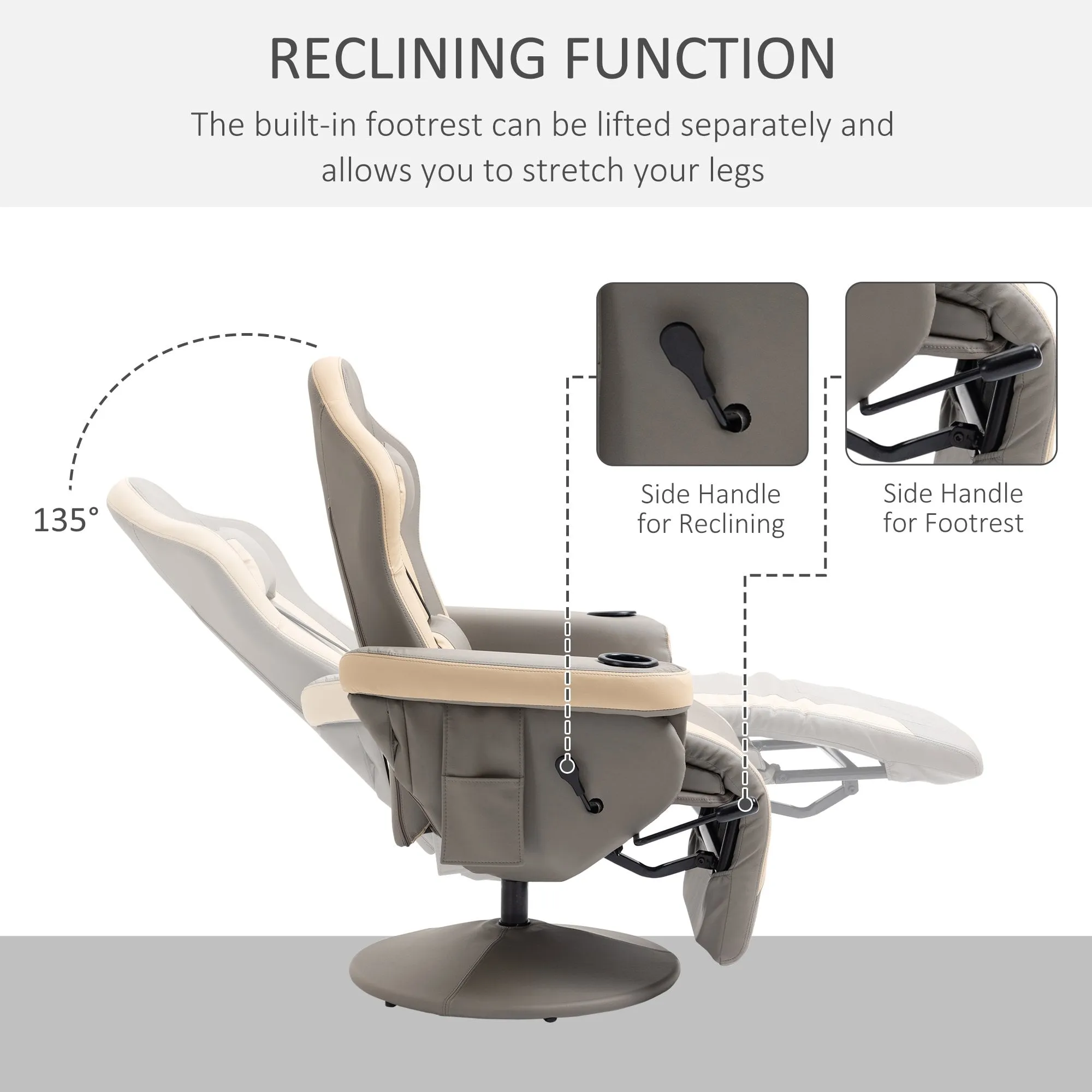 Manual Recliner Armchair PU Leather Lounge Chair with Adjustable Leg Rest, Cup Holder and Storage Pocket - Grey