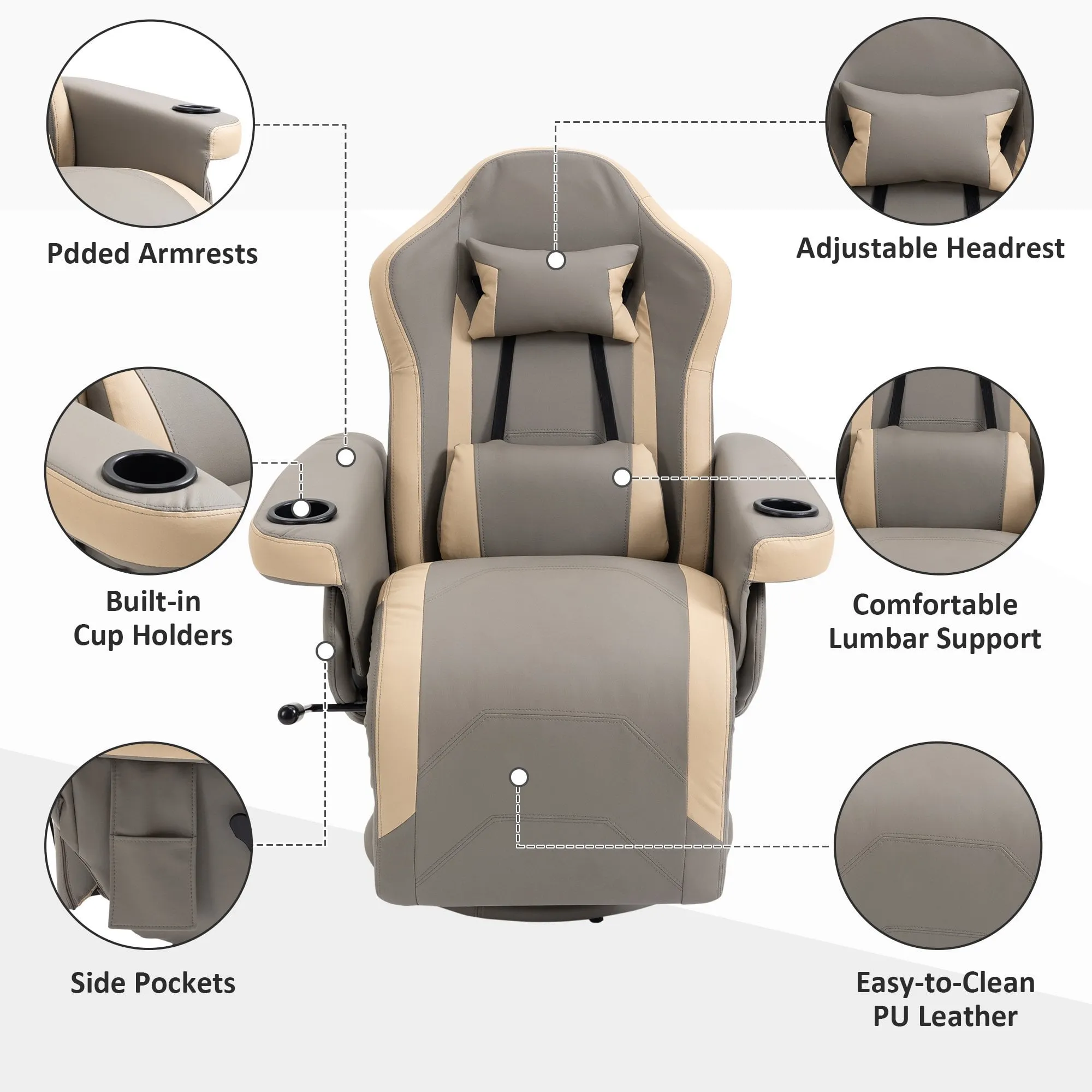 Manual Recliner Armchair PU Leather Lounge Chair with Adjustable Leg Rest, Cup Holder and Storage Pocket - Grey